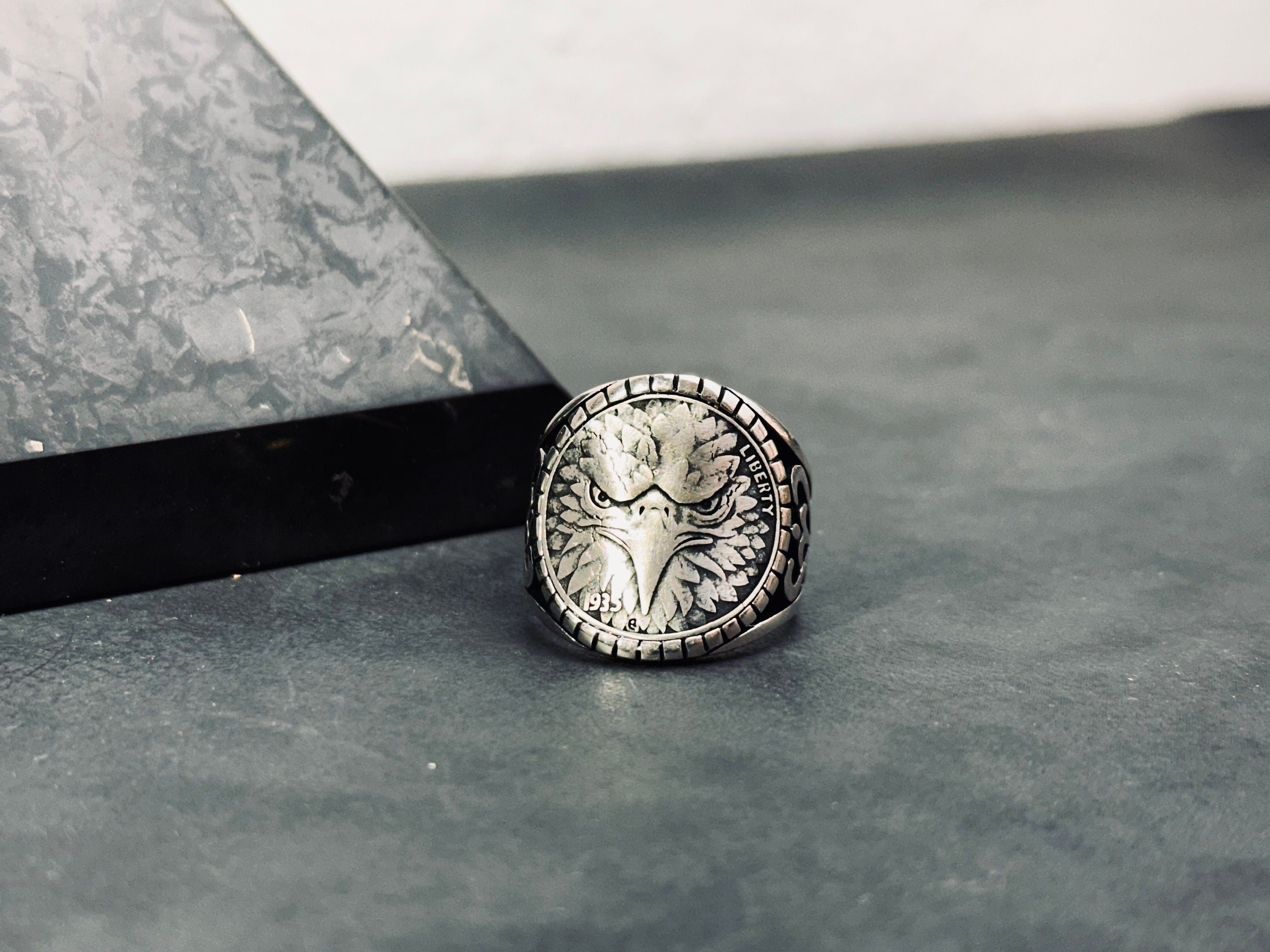 Sterling Silver Eagle Ring, Handmade Bold Design (Men's Size)