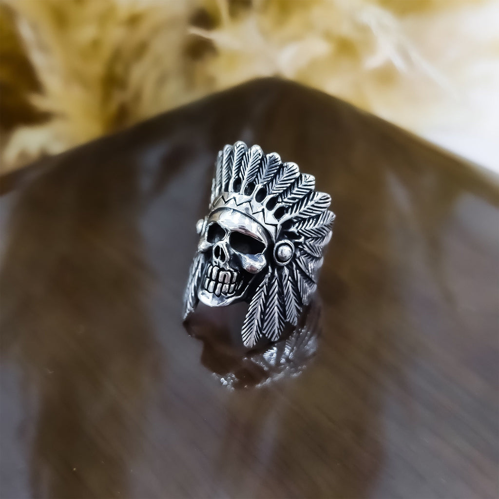 Indian Chief Skull Ring - Sterling Silver Men's Statement Jewelry
