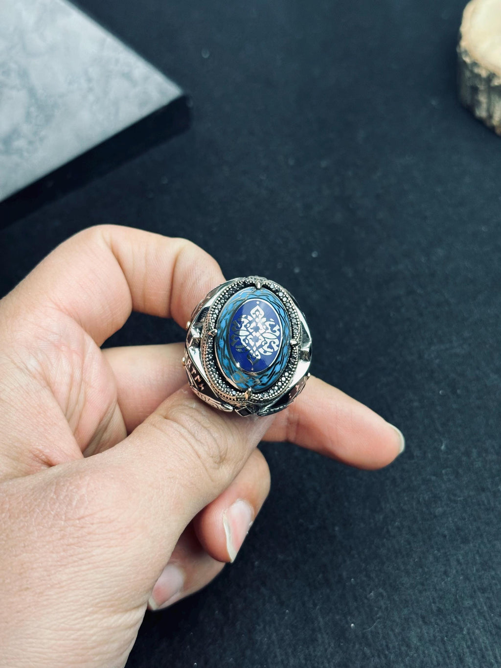 Sterling Silver Blue Stone Ottoman Ring, Islamic Calligraphy Men Ring, Turkish Handmade Jewelry, Ramadan Gift, Statement Signet Ring