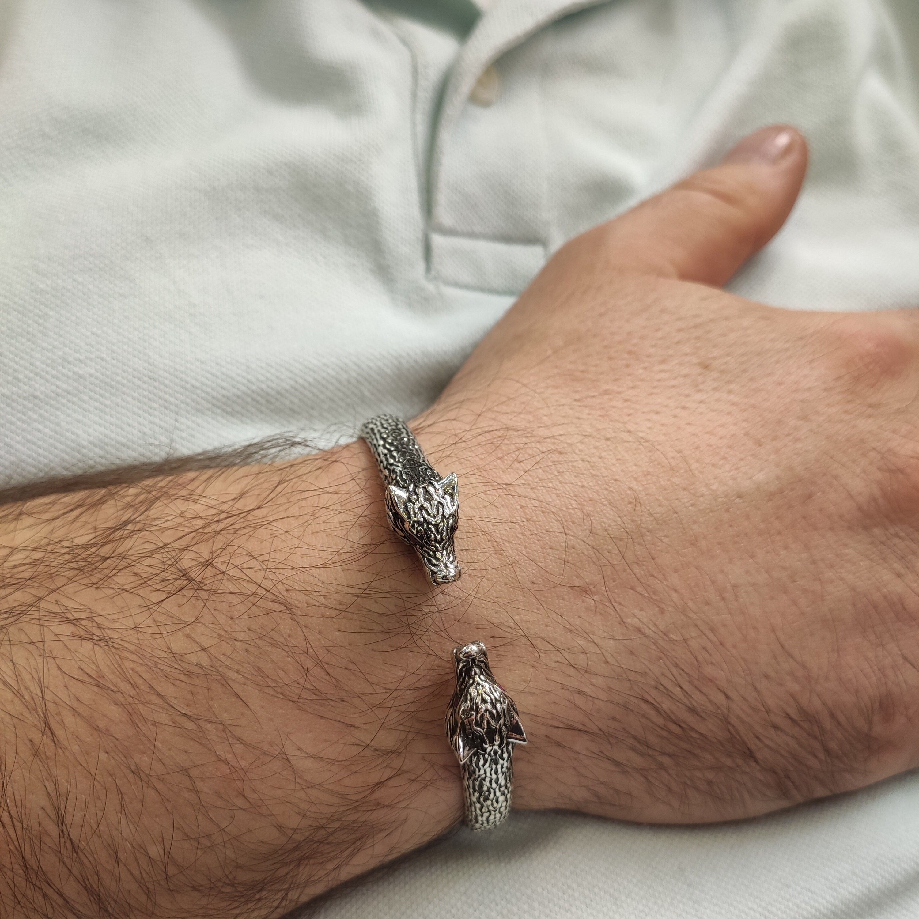 Wolf Head Bracelet: Sterling Silver Men's Jewelry (Handmade Cuff)