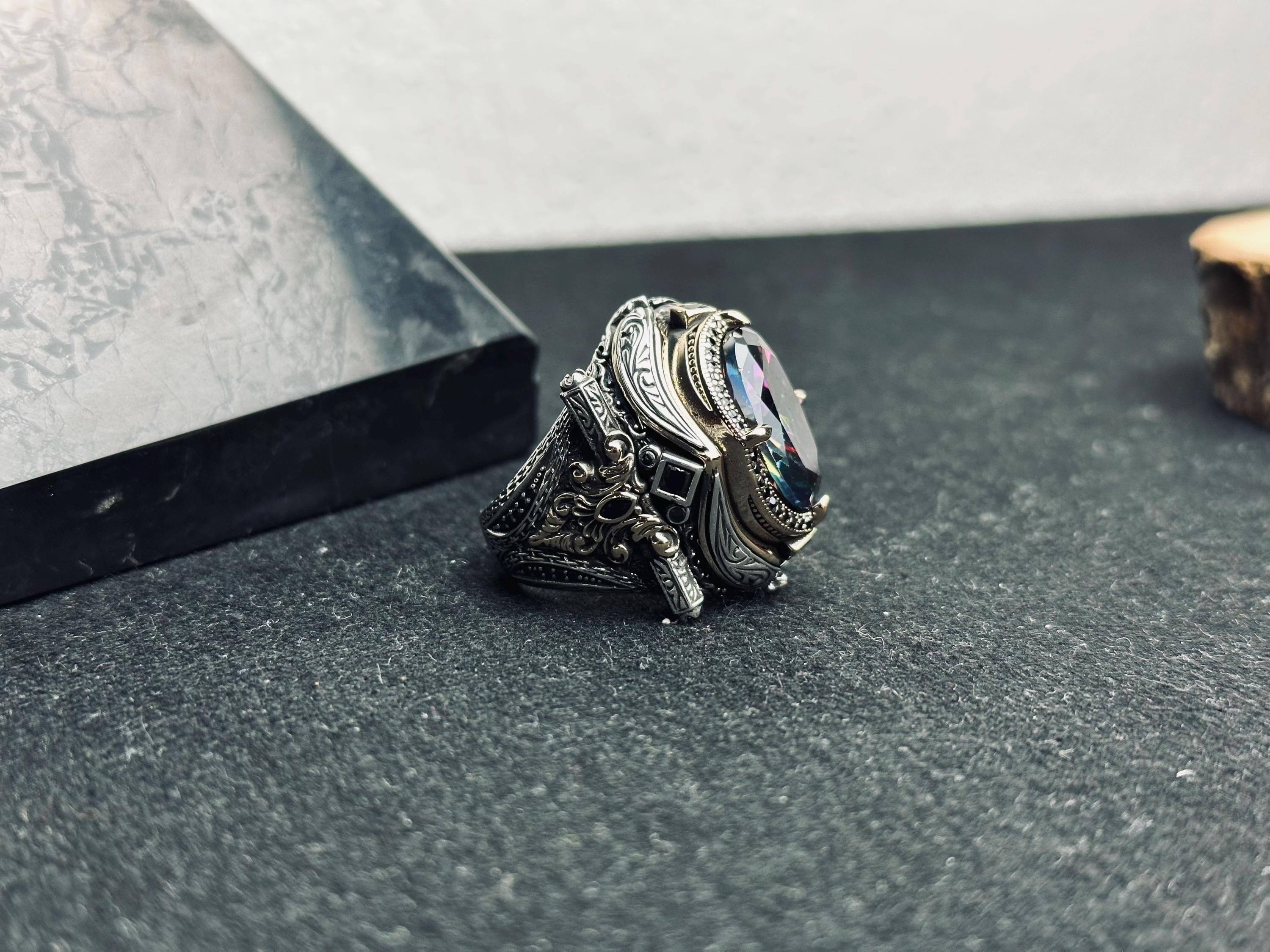 Men's Mystic Topaz Ring: Bold Silver Statement - Handmade in Turkey