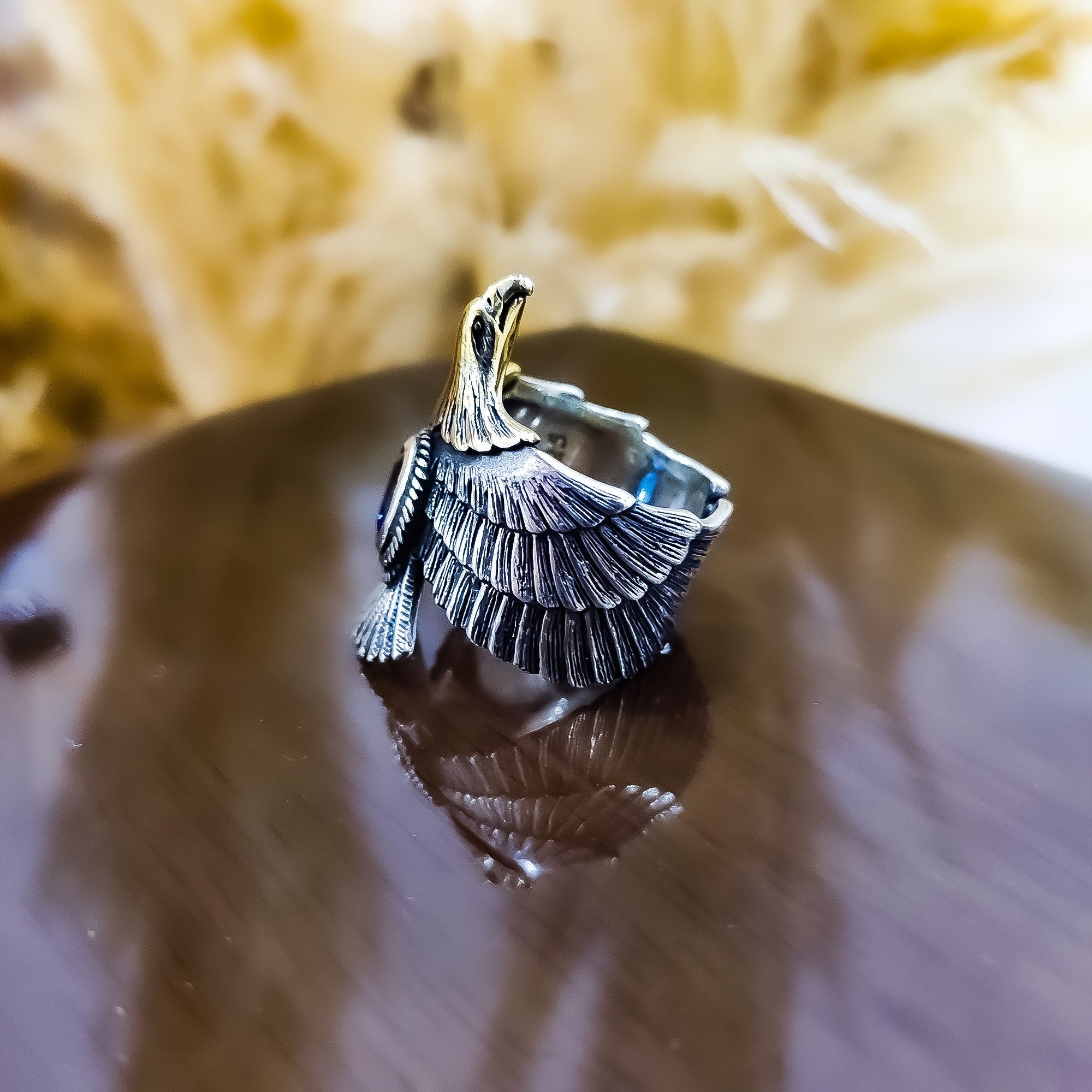 Dark Blue Sapphire Eagle Ring: Sterling Silver Men's Statement