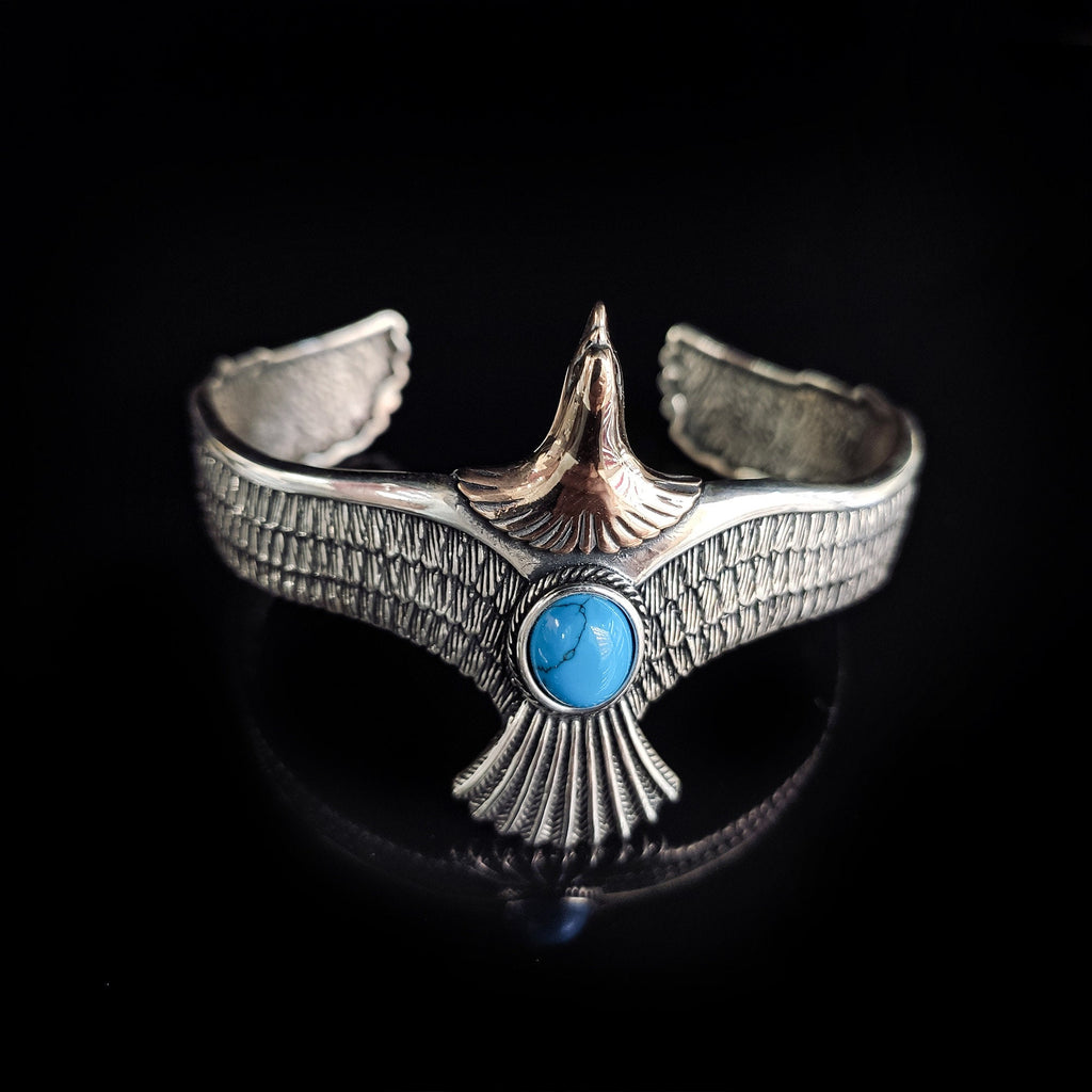 Sterling Silver Eagle Cuff Bracelet: Turquoise Stone, Handmade