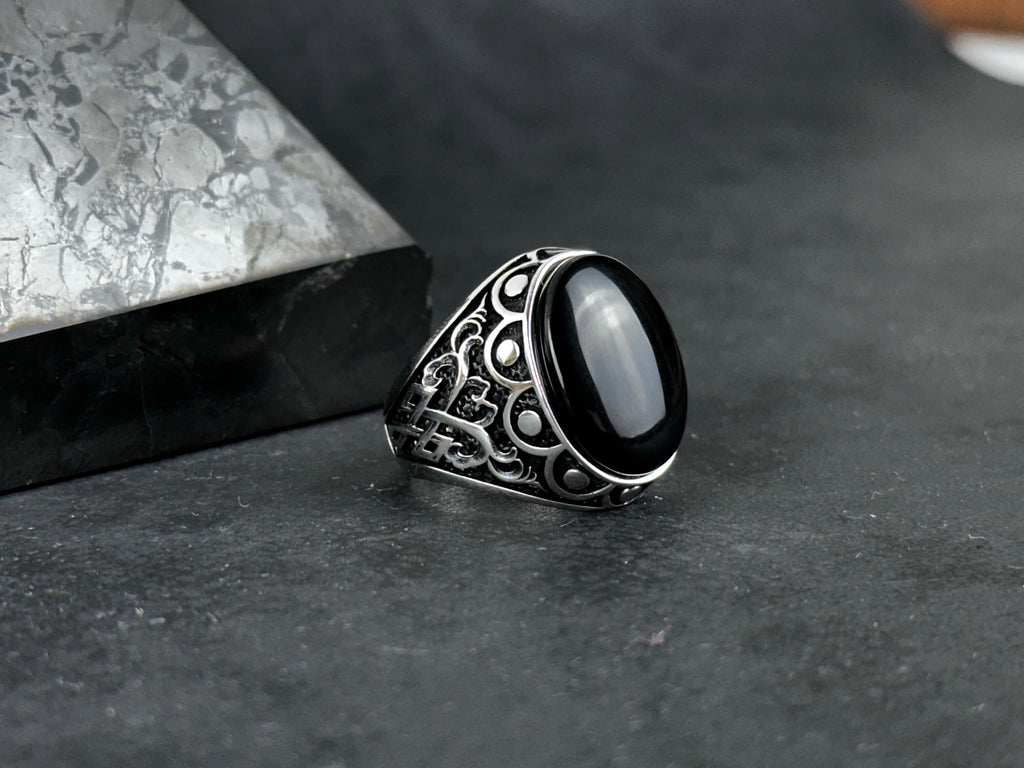 Sterling Silver Onyx Ring Handmade, Natural Cut Stone (Men's Size)