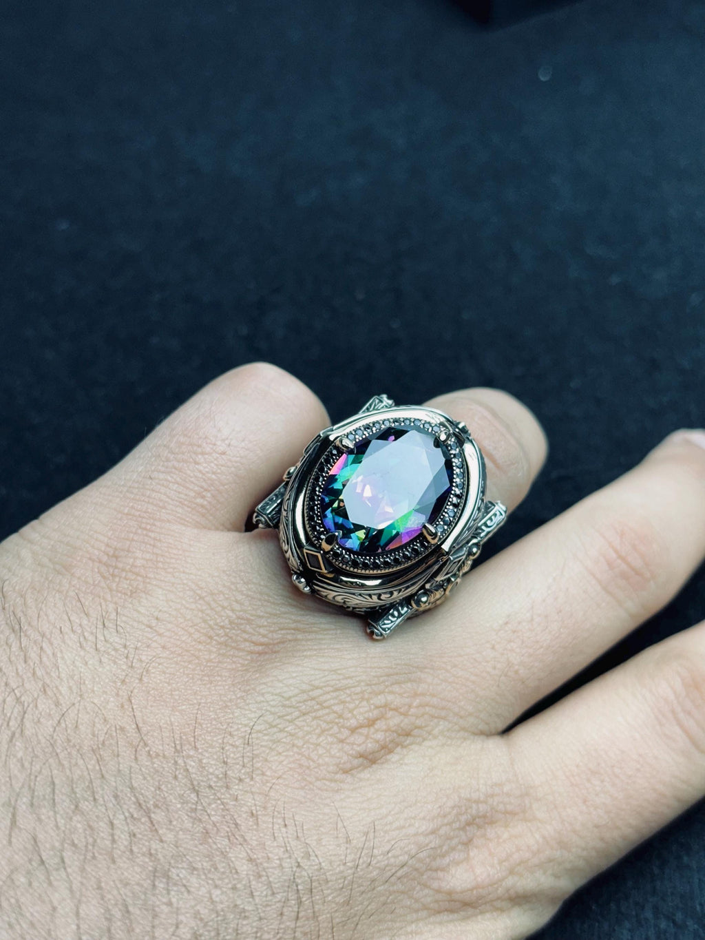 Men's Mystic Topaz Ring: Bold Silver Statement - Handmade in Turkey