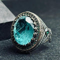 Oval Aquamarine Ring for Men - Sterling Silver Lion Head Signet