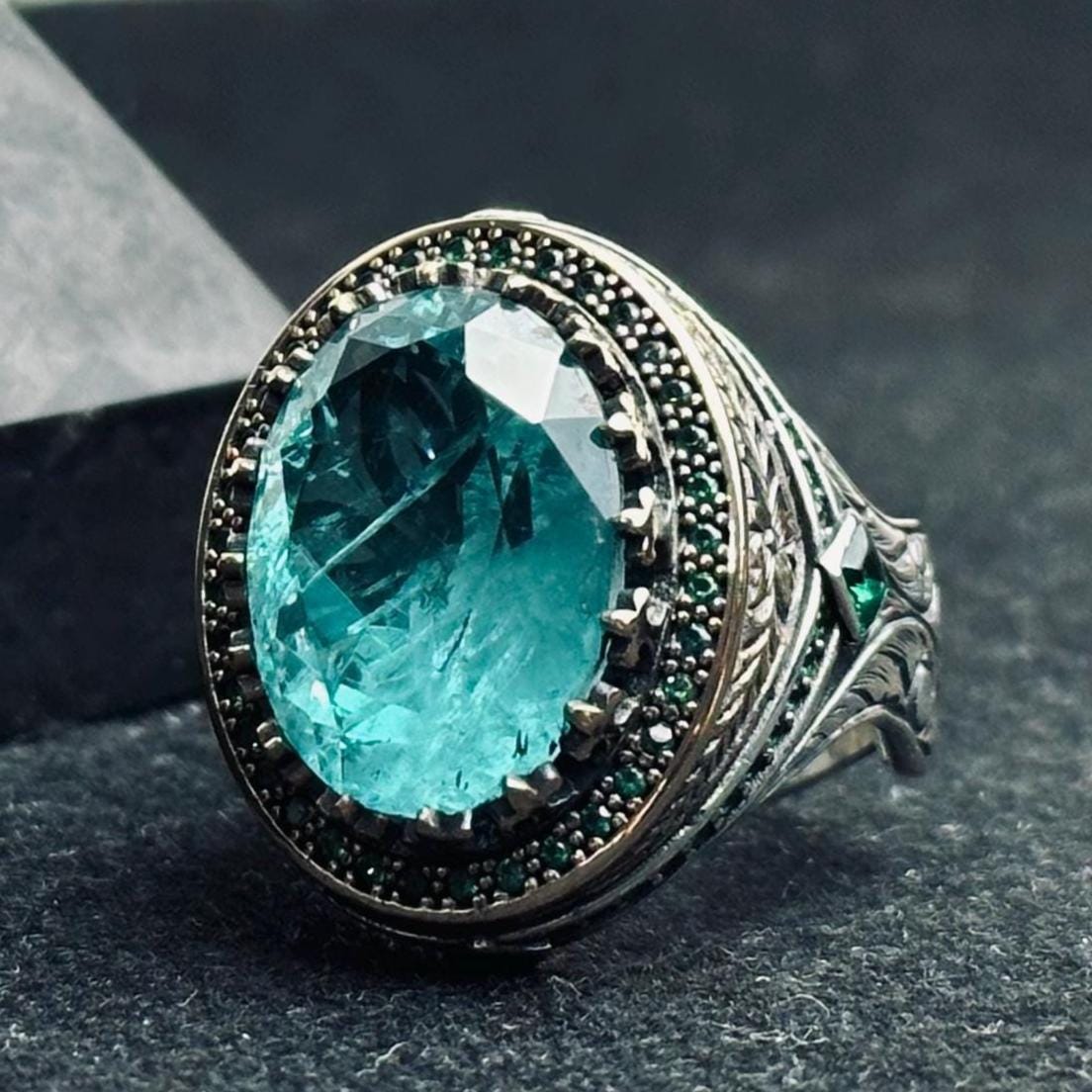 Oval Aquamarine Ring for Men - Sterling Silver Lion Head Signet