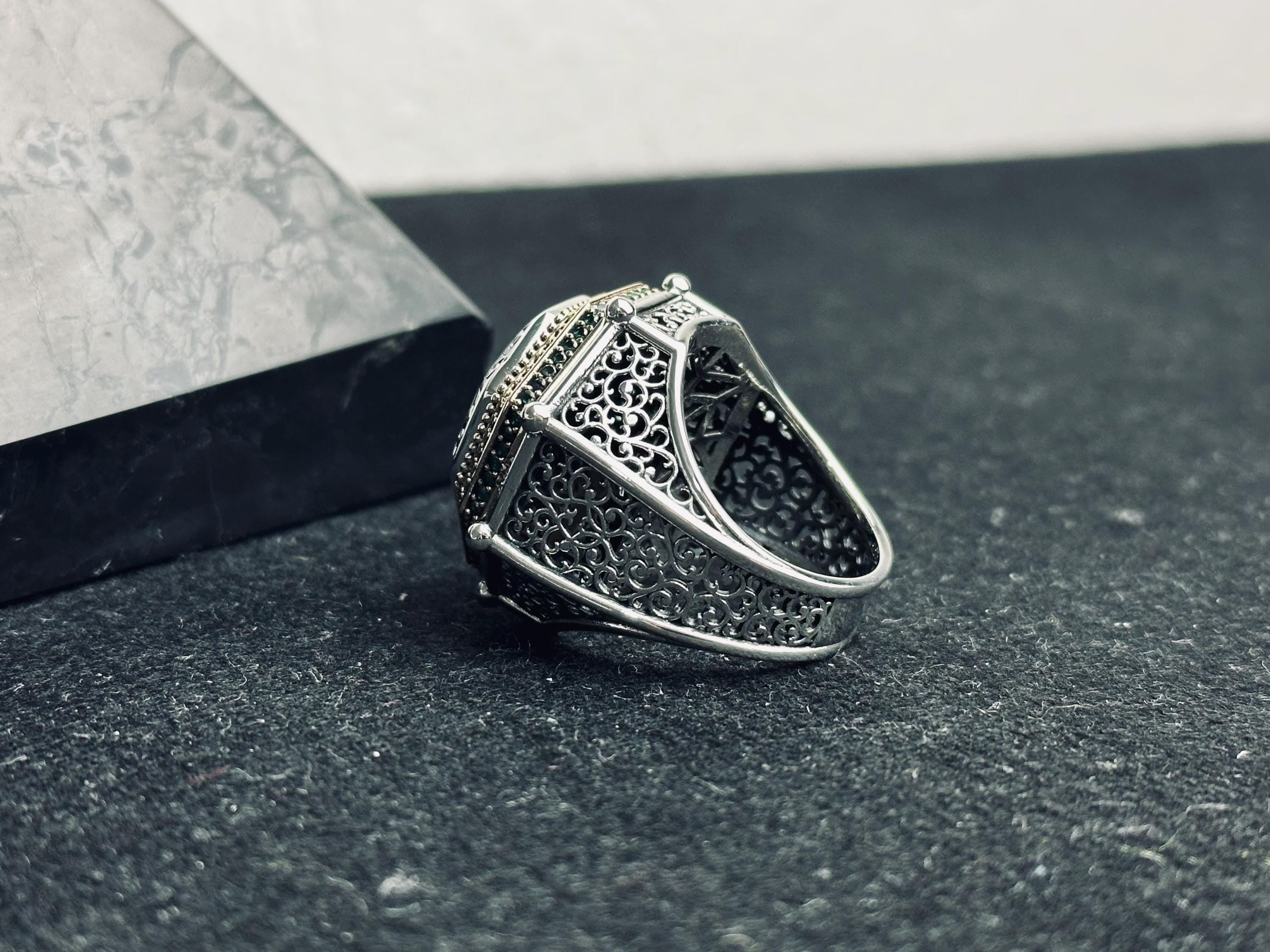 Octagon Emerald Ring, 925 Sterling Silver, Turkish Handmade Jewelry