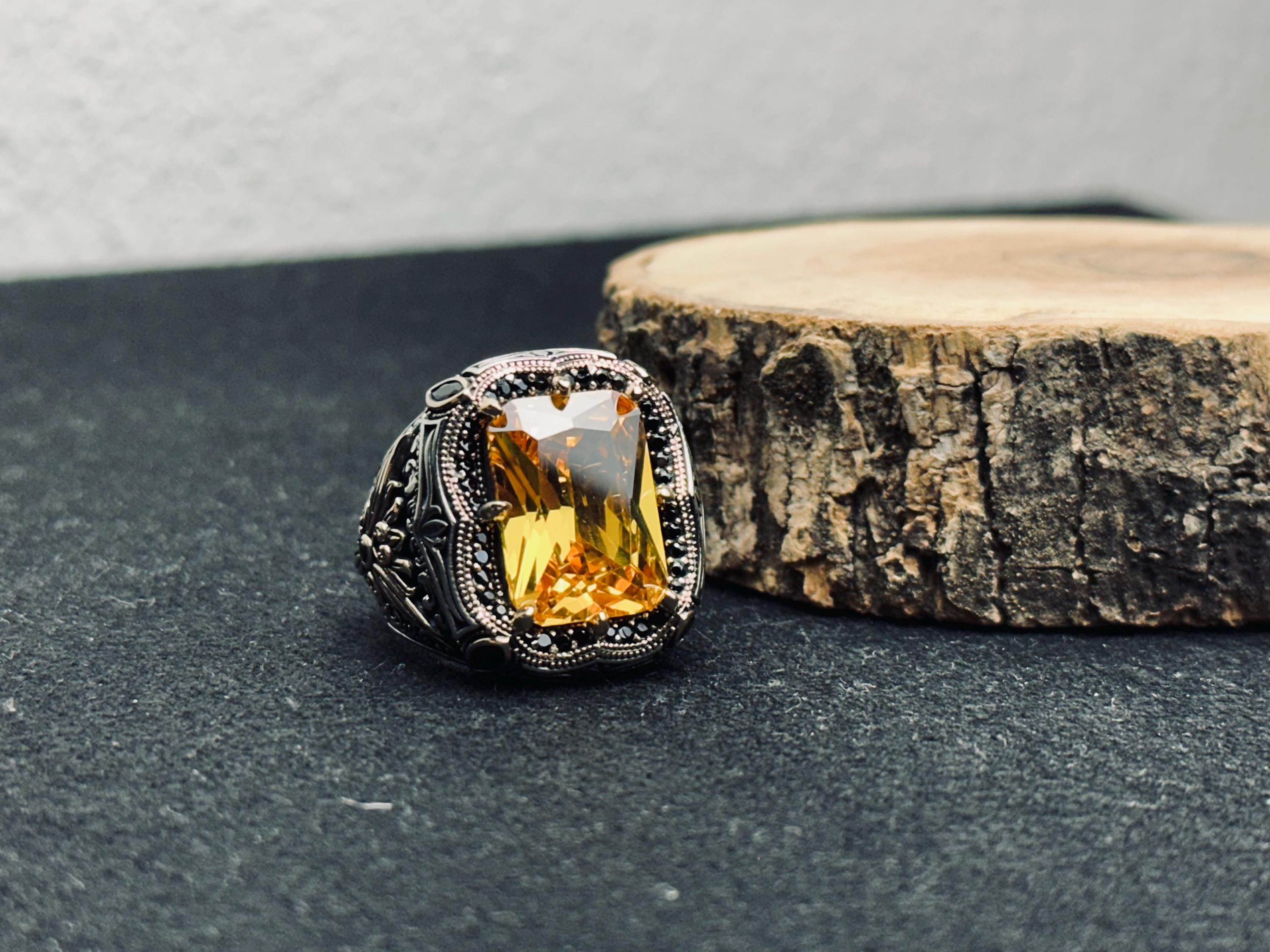 Men's Citrine Ring, Square Cut Stone, Sterling Silver (Handmade)