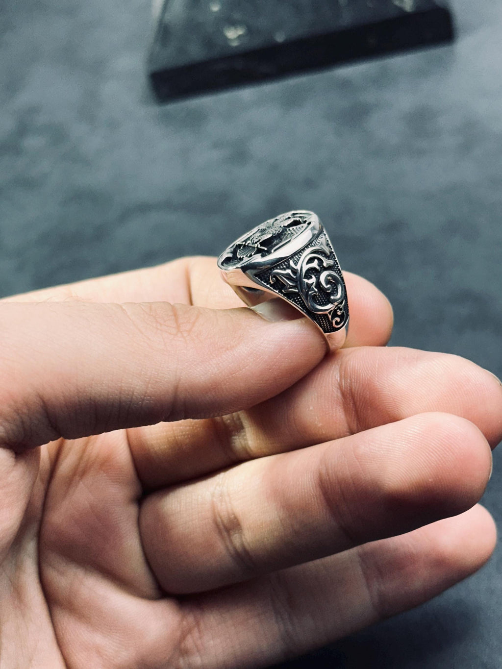 Statement Ring: Double Eagle Sterling Silver (Hand Engraved)