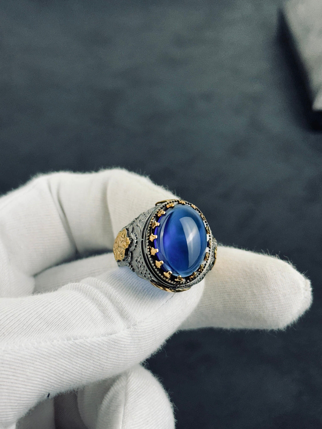 Sterling Silver Ring: Blue Zirconium Stone - Hand Engraved King Theme