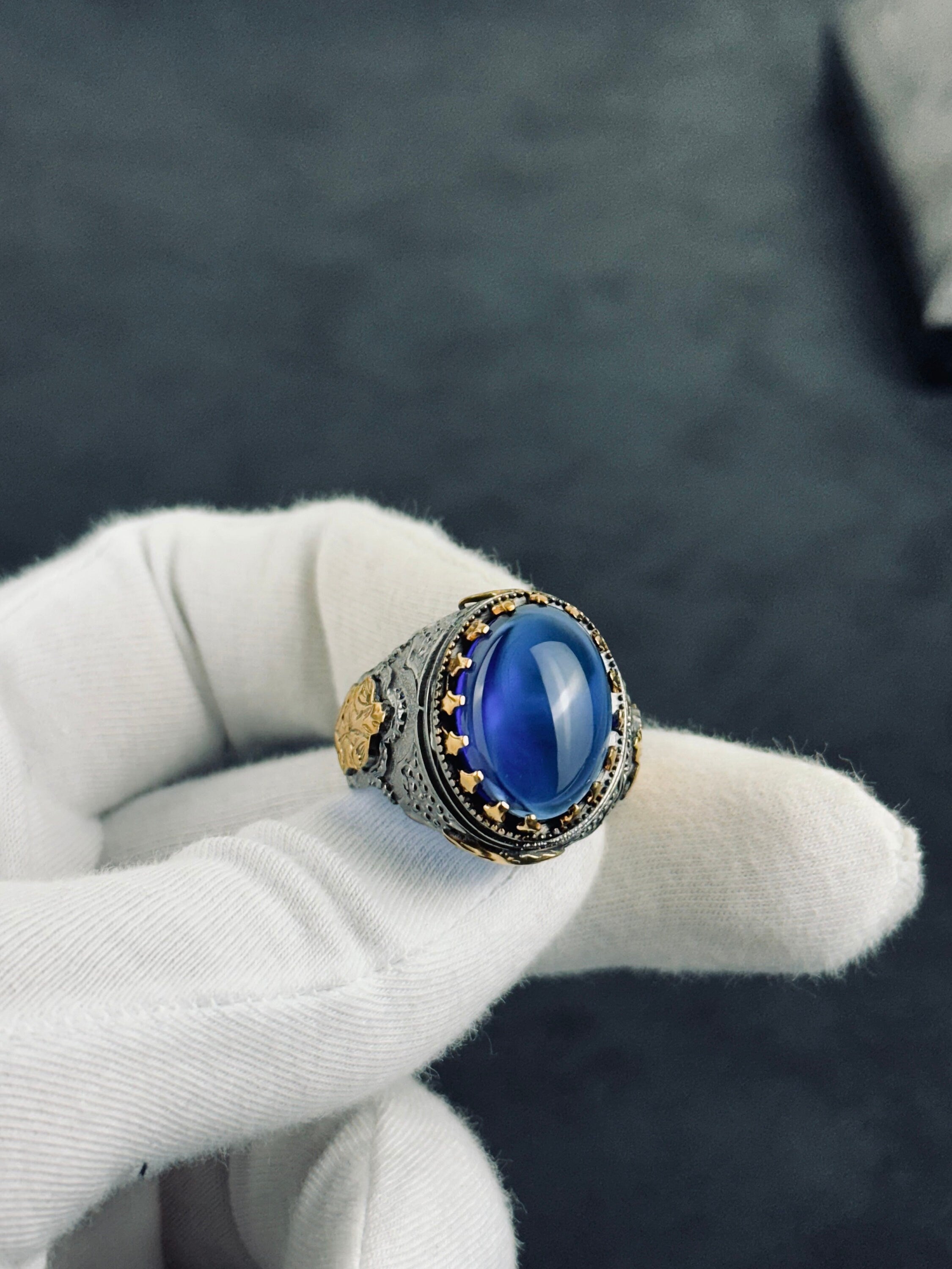 Sterling Silver Ring: Blue Zirconium Stone - Hand Engraved King Theme