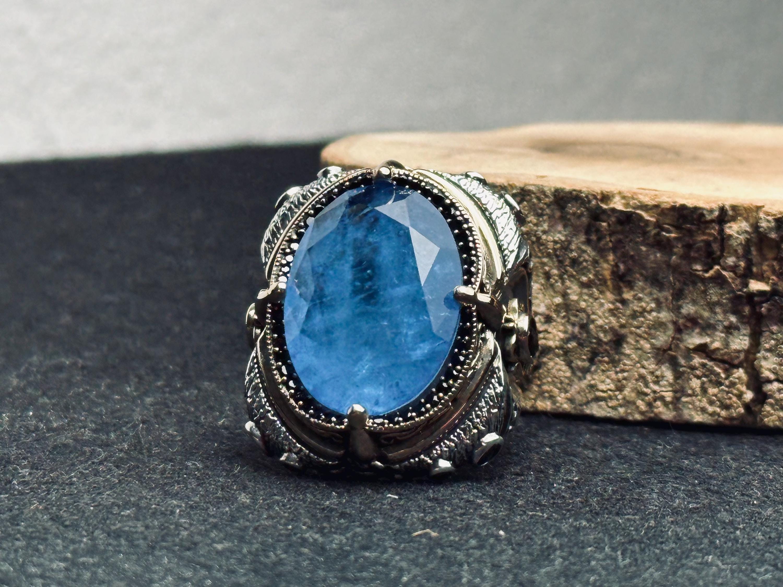 Handmade Sterling Silver Men’s Ring with Large Blue Gemstone – Vintage Ottoman Style Statement Ring, Bold Warrior Ring, Gift for Him