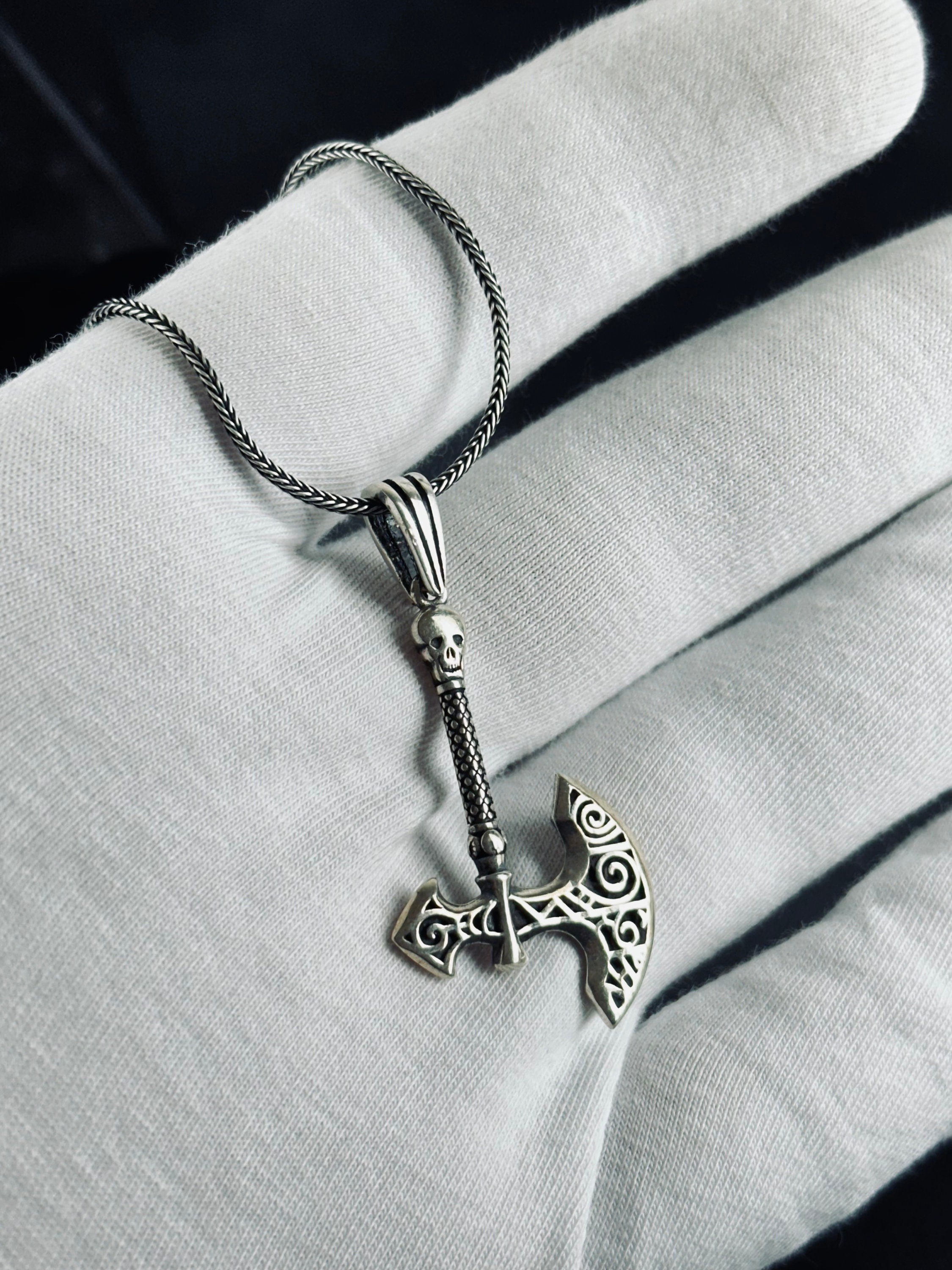 Silver Axe & Skull Necklace: Edgy Gothic Pendant