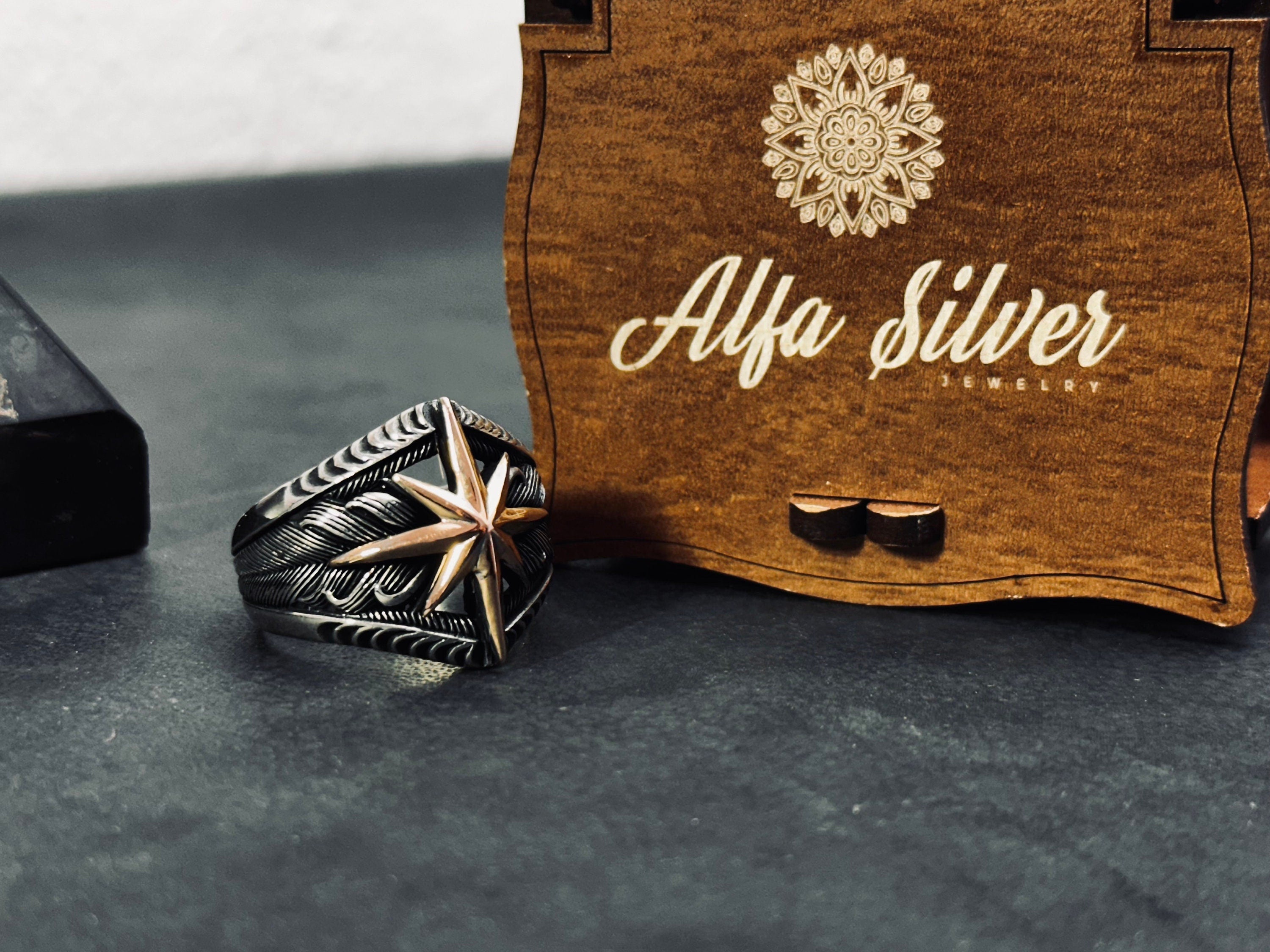Sterling Silver Compass Ring, North Star Engraved (Handmade, 925)