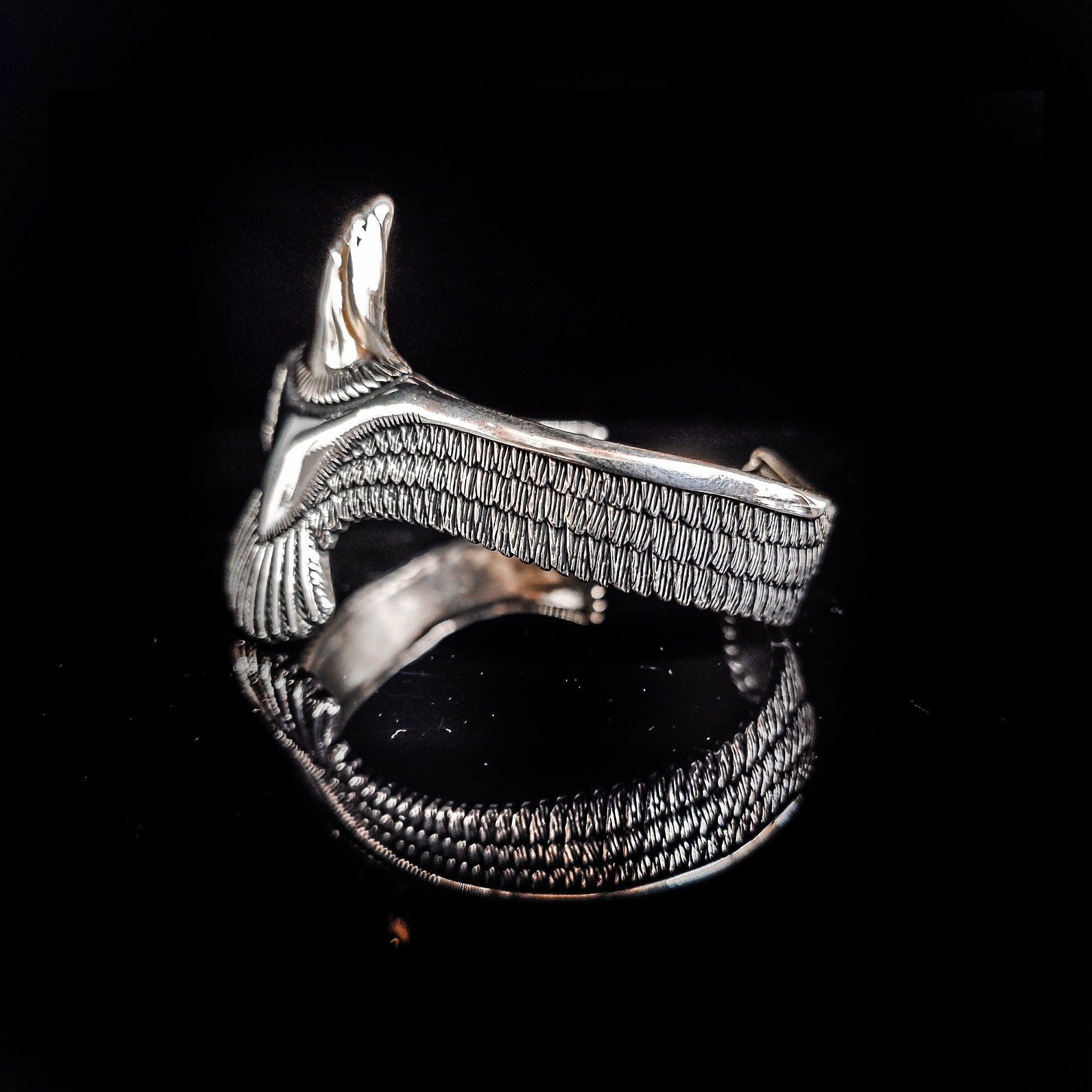 Handmade Sterling Silver Eagle Bracelet (Engraved Cuff, Sapphire)