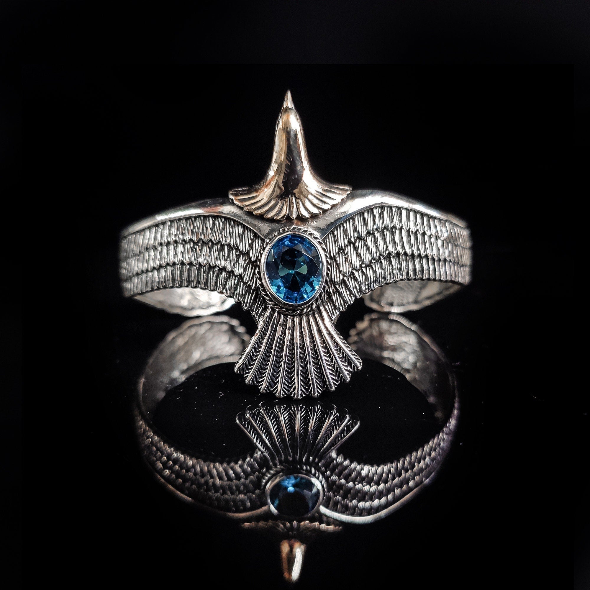 Silver Eagle Bracelet: Handmade Cuff with Aquamarine (Men's Jewelry)