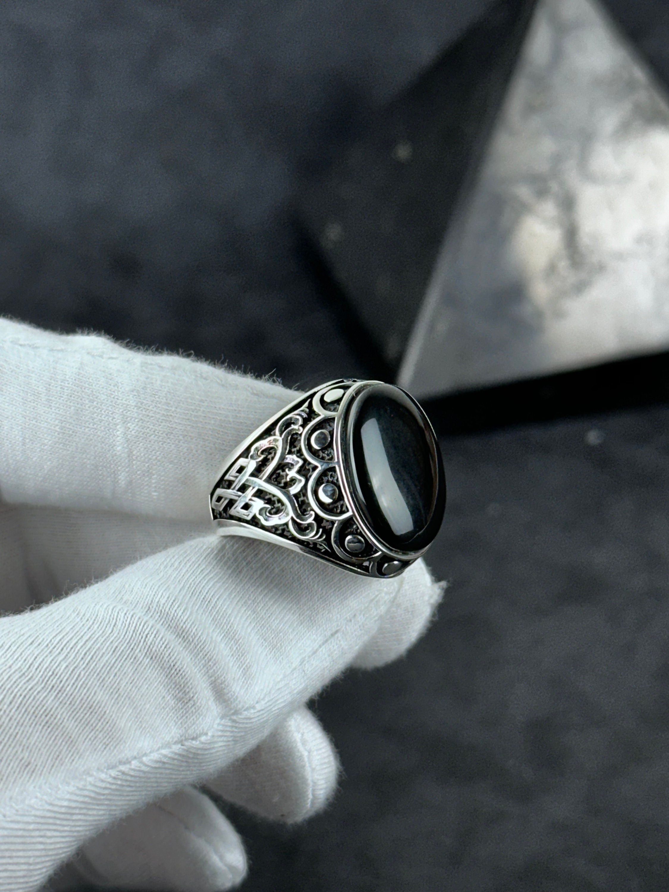 Sterling Silver Onyx Ring Handmade, Natural Cut Stone (Men's Size)