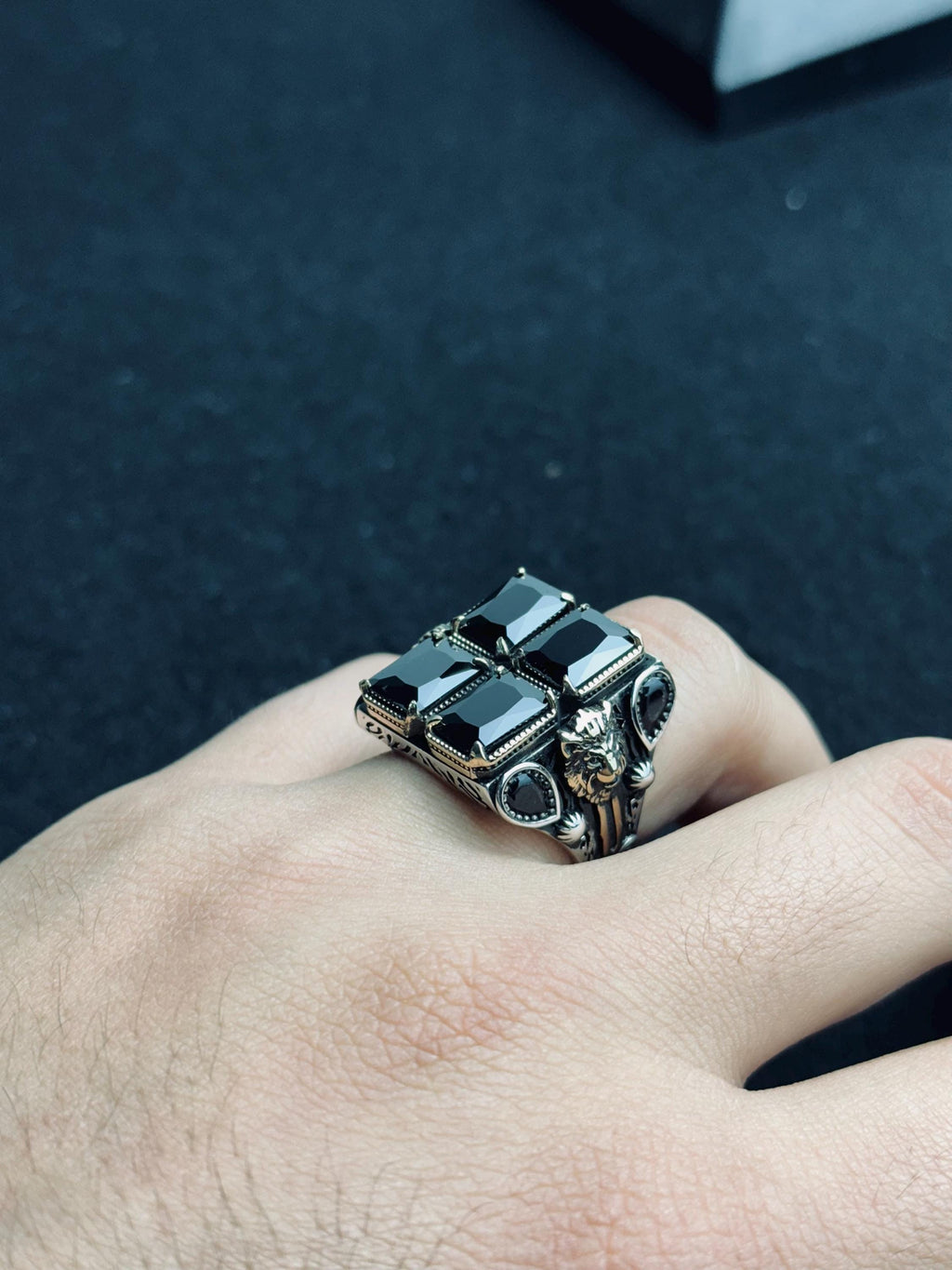 Men’s Square Zircon Ring: Bold Black Sterling Silver (Handmade)