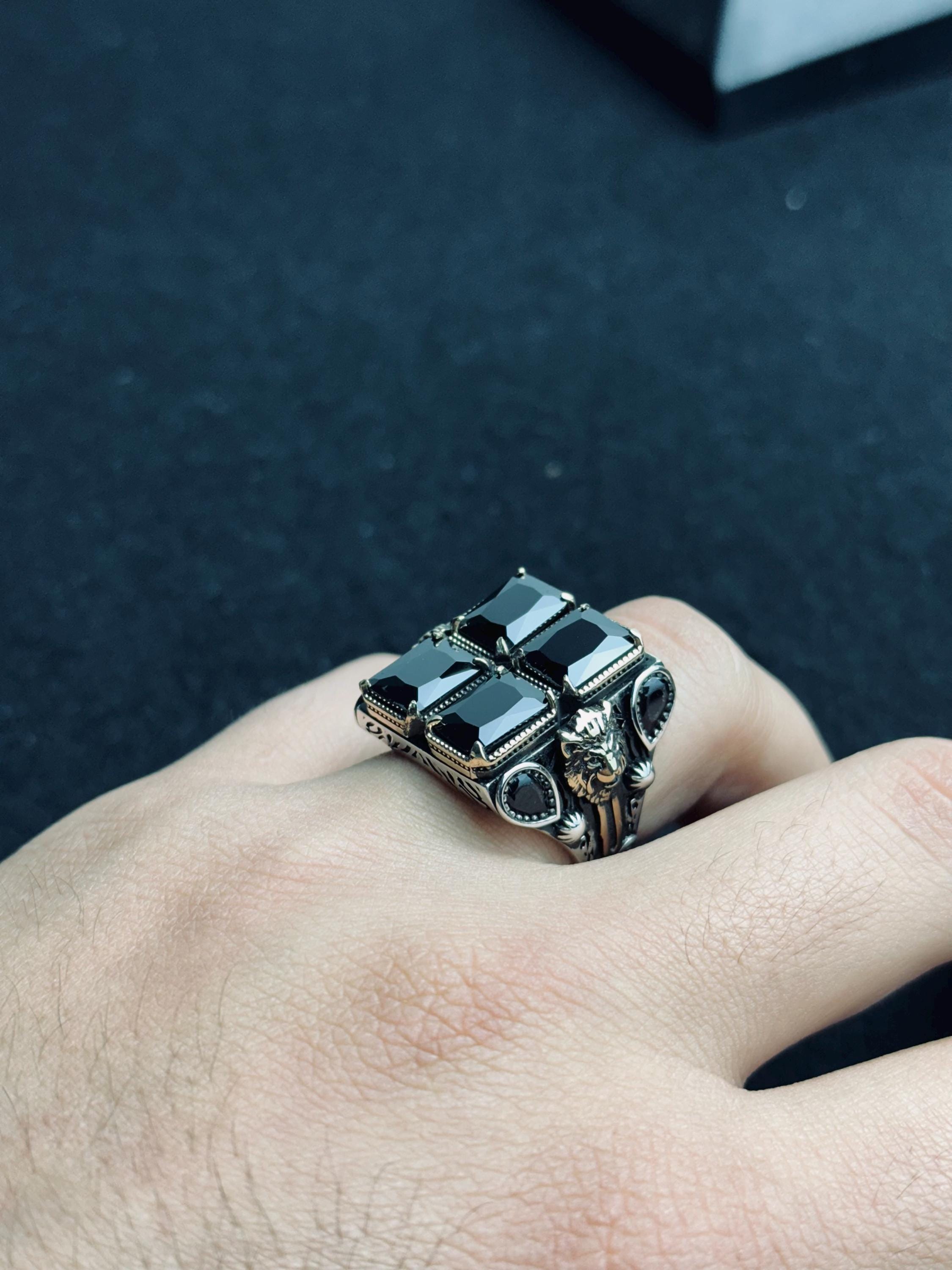 Men’s Square Zircon Ring: Bold Black Sterling Silver (Handmade)