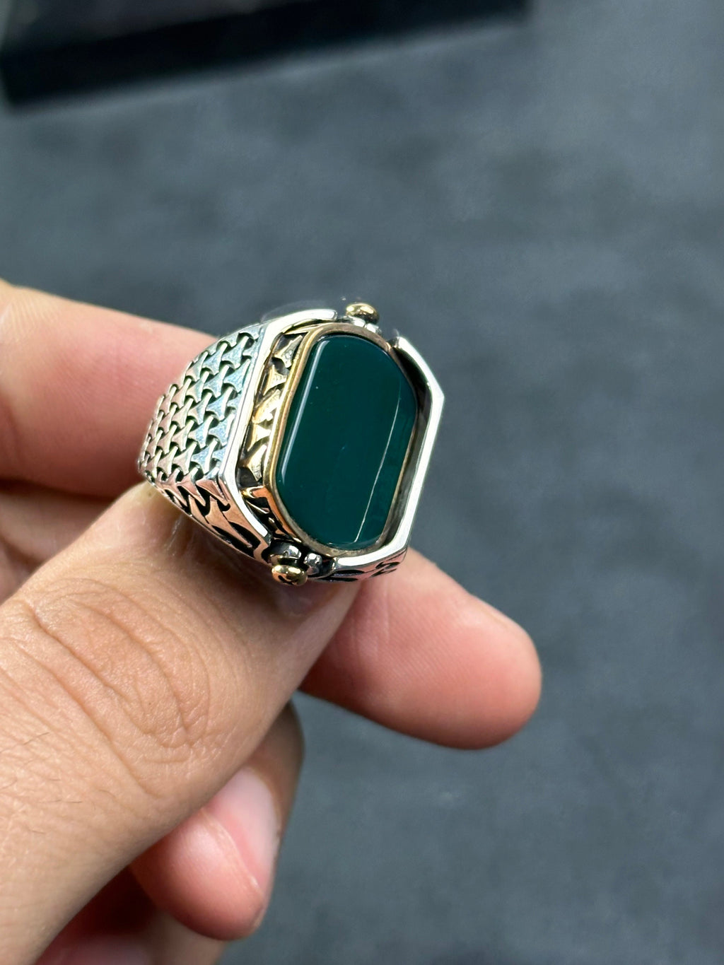 Aqeeq Ring: Green Agate Stone, Double Side Design (Sterling Silver)