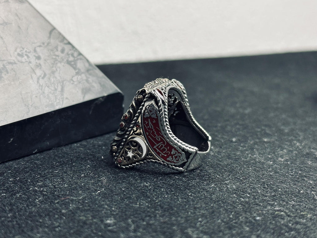 Red Stone Moon Star Ring, 925 Sterling Silver, Turkish Handmade Jewelry