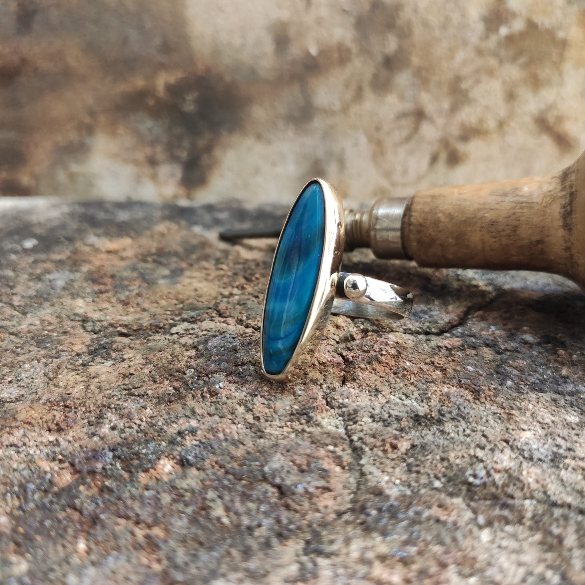 Blue Mother of Pearl Ring: Handmade Sterling Silver Statement