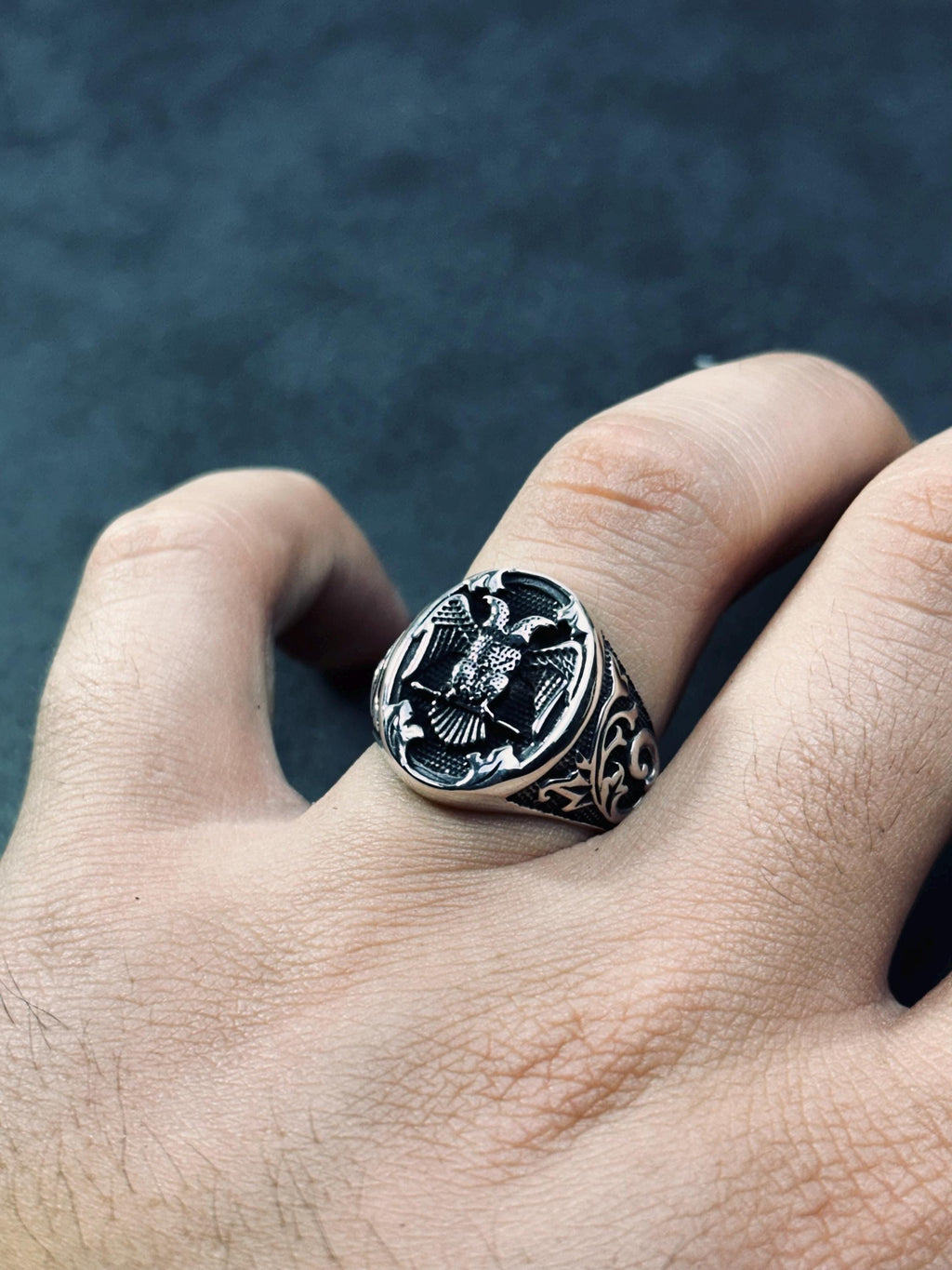 Statement Ring: Double Eagle Sterling Silver (Hand Engraved)