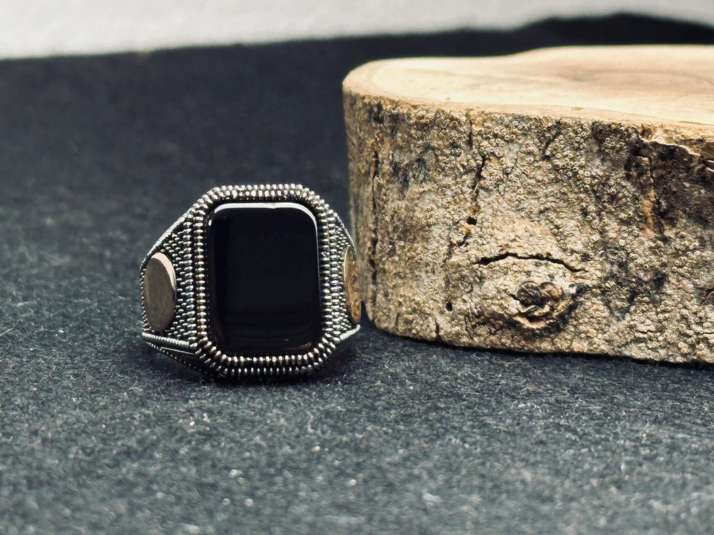 Black Onyx Signet Ring - Oxidized Sterling Silver Men's Pinky
