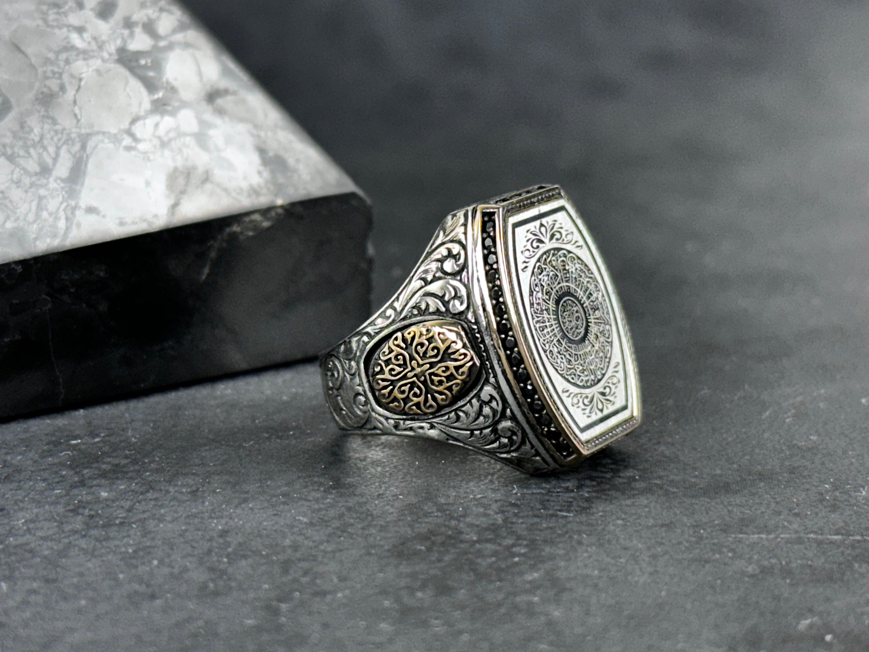 Islamic Silver Ring Surah Al-Inshirah, Black Zircon (Handmade 925 Sterling)