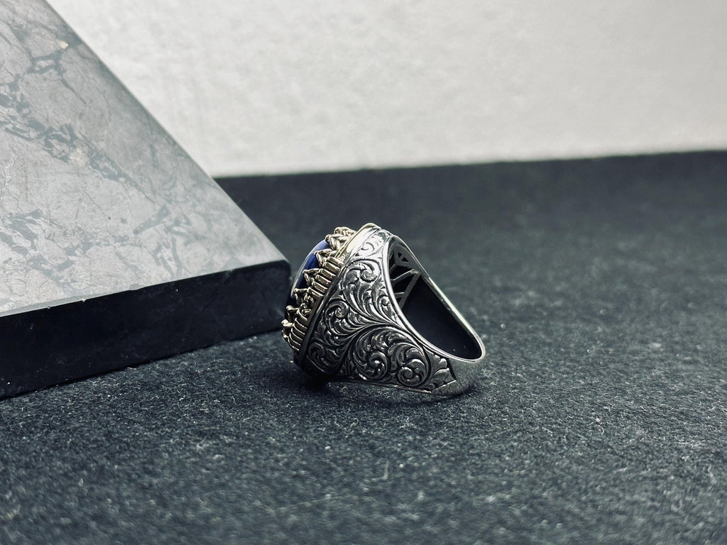 Viking Sapphire Ring, Dragon Engraved, Sterling Silver (Men's Size)