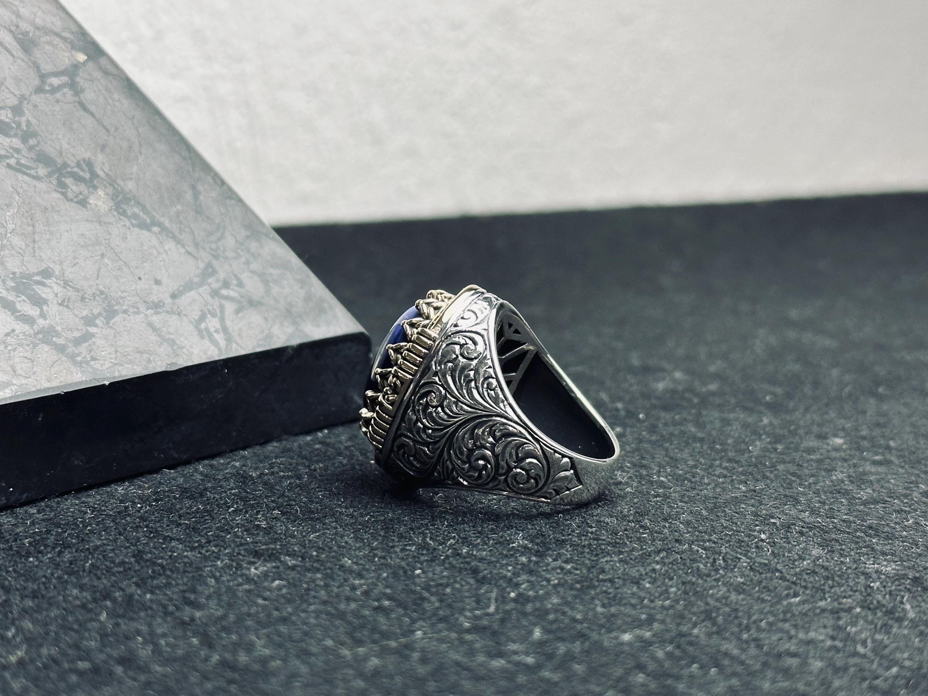 Viking Sapphire Ring, Dragon Engraved, Sterling Silver (Men's Size)