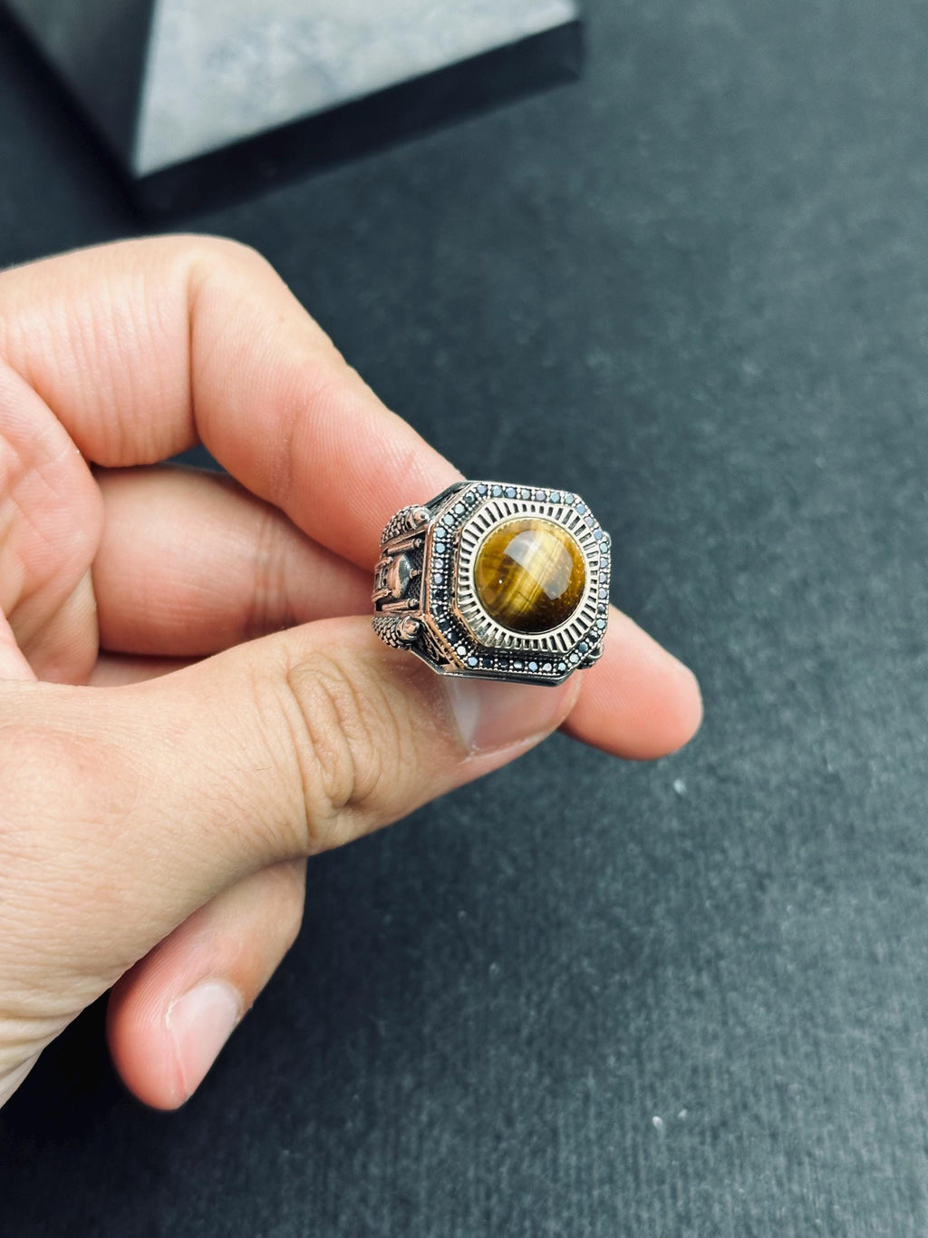 Tiger Eye Statement Ring: Men's Silver Jewelry (Mosque Engraving)