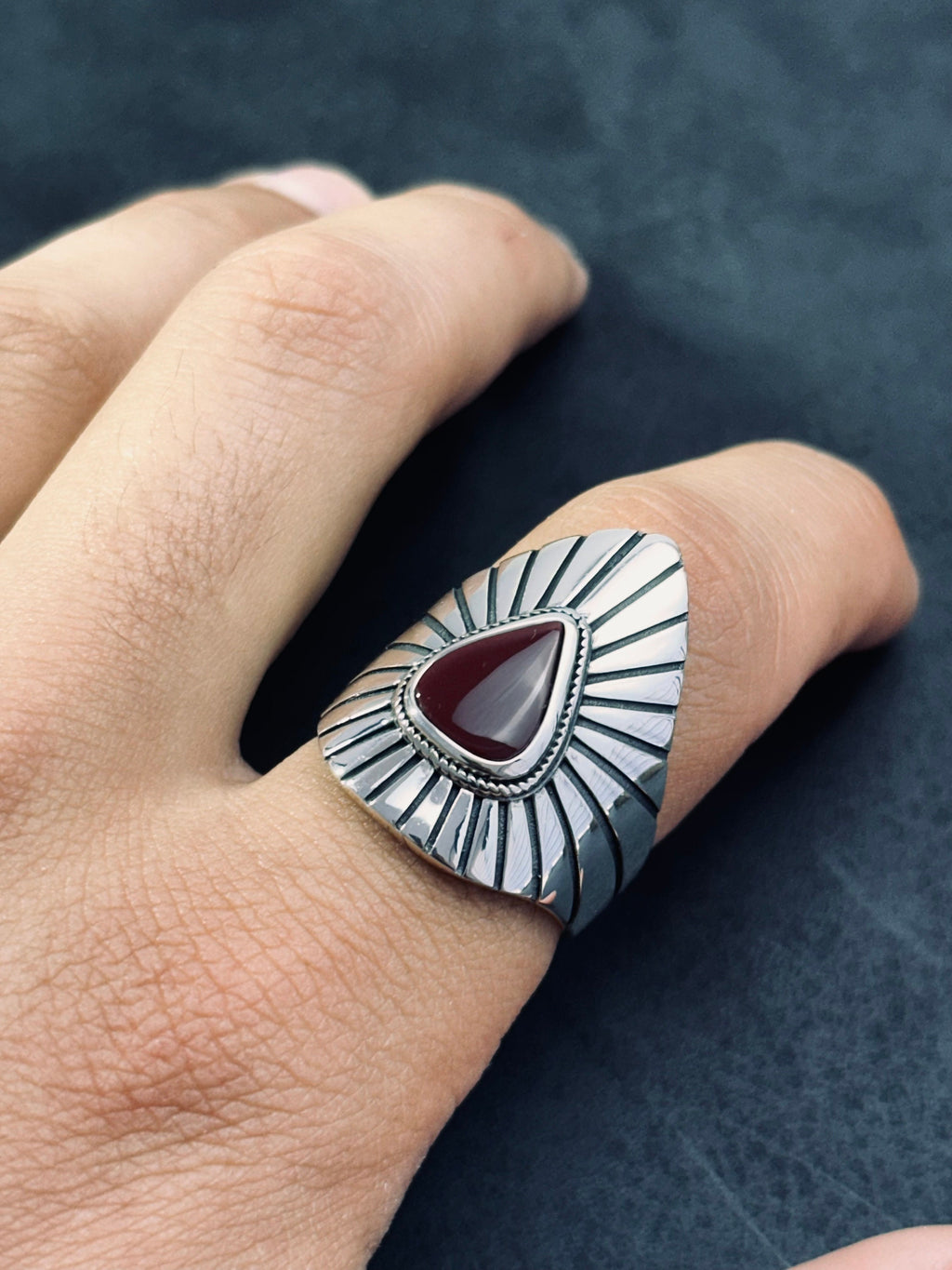 Sterling Silver Shield Ring - Red Agate Stone Detail