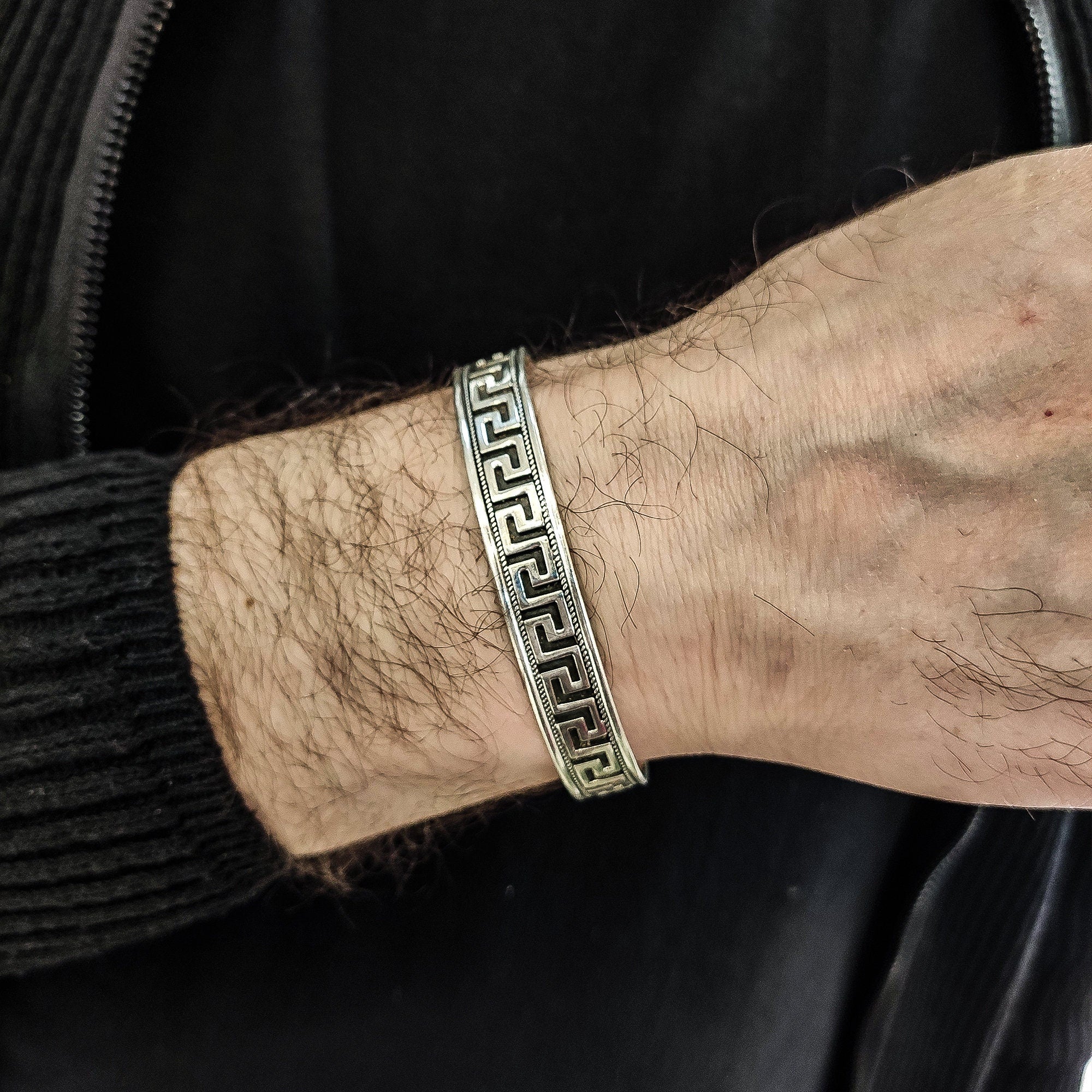 Engraved Silver Cuff Bracelet: Greek Key Pattern (Sterling, Handmade)