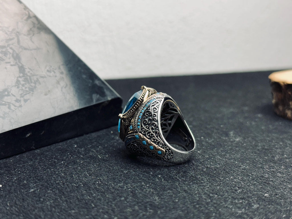 Zulfiqar Sword Ring: Islamic Sterling Silver Jewelry (Blue Zircon)