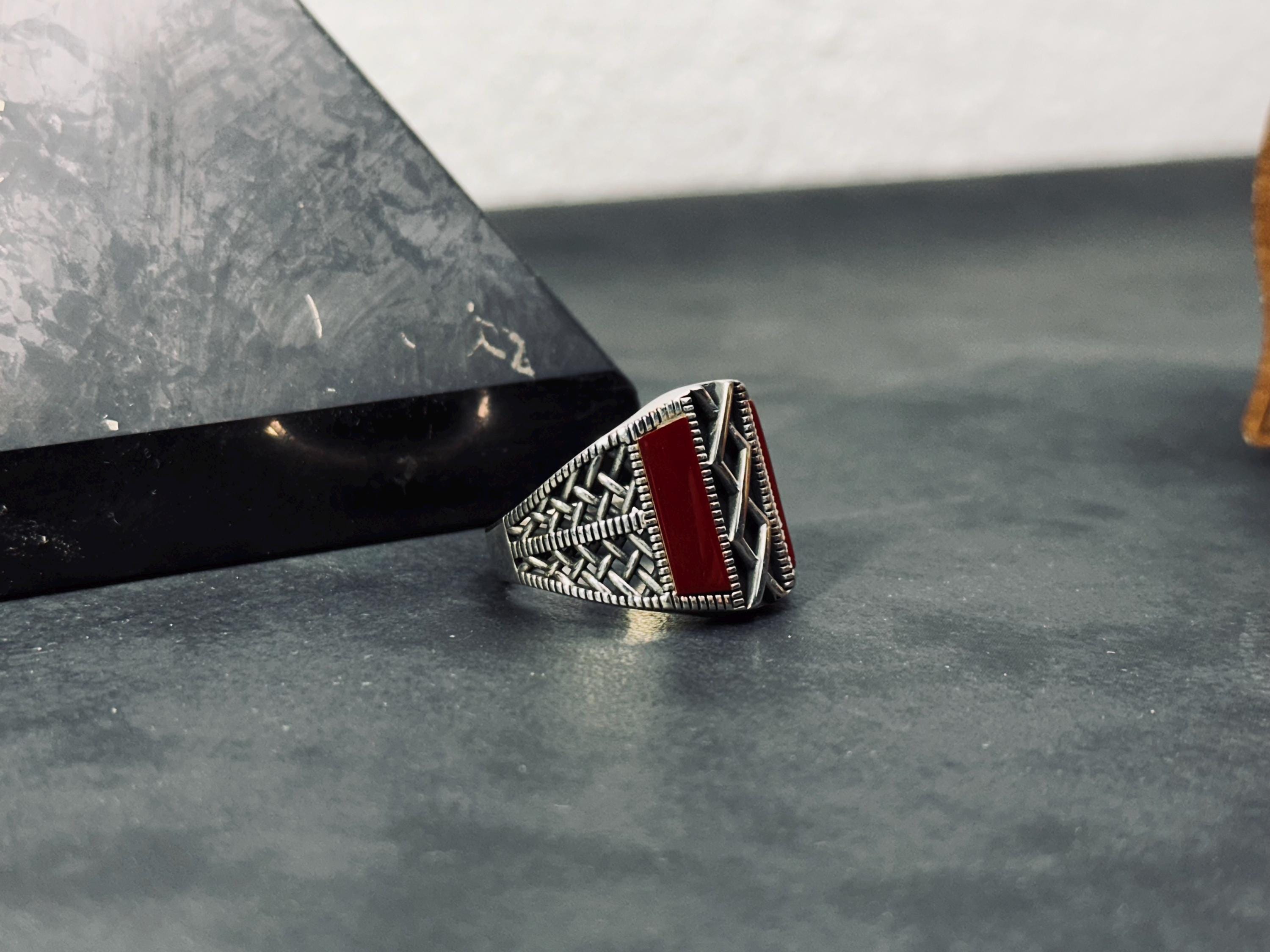 Red Aqeeq Agate Ring - Handmade Sterling Silver for Men