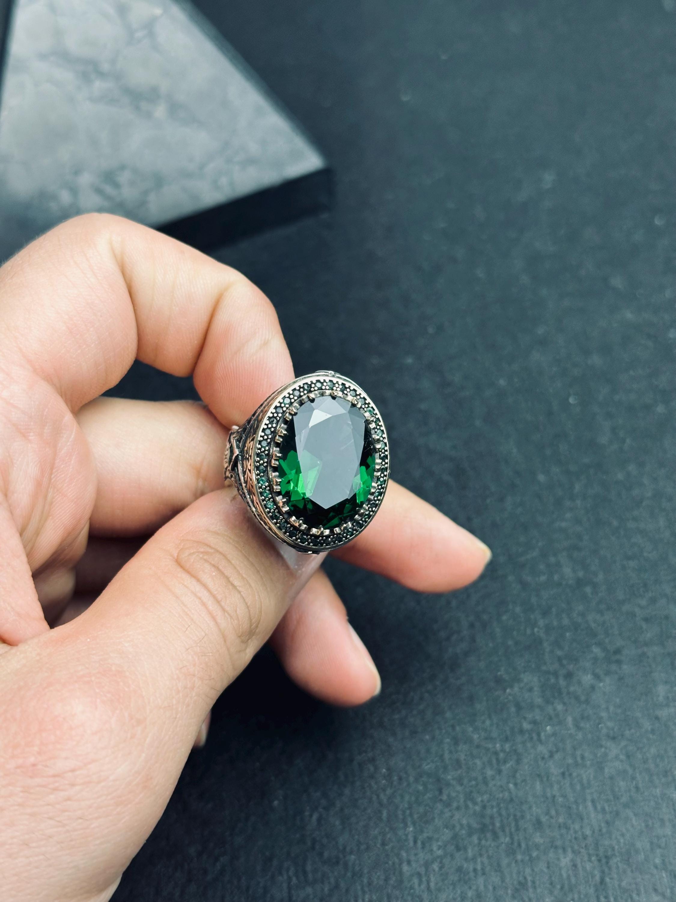 Emerald Statement Ring: Colombian Stone Men's Jewelry (Sterling Silver)