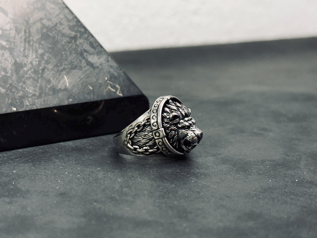 Sterling Silver Lion Ring, Handmade Oxidized Design (Men's Size)