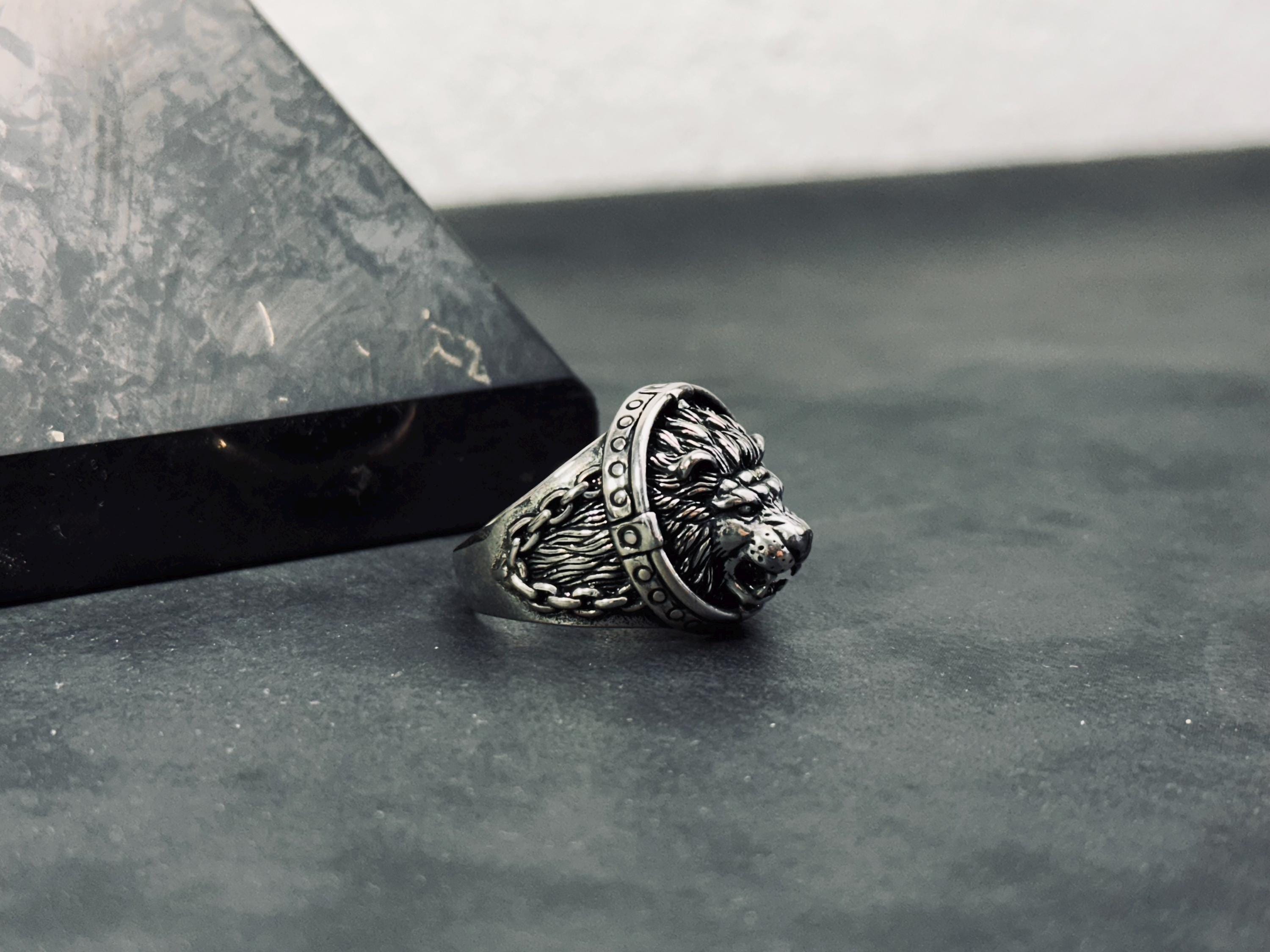 Sterling Silver Lion Ring, Handmade Oxidized Design (Men's Size)