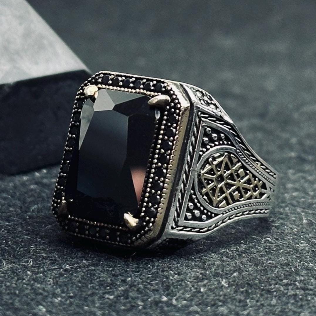 Signet Ring for Men: Black Zircon Stone - Sterling Silver