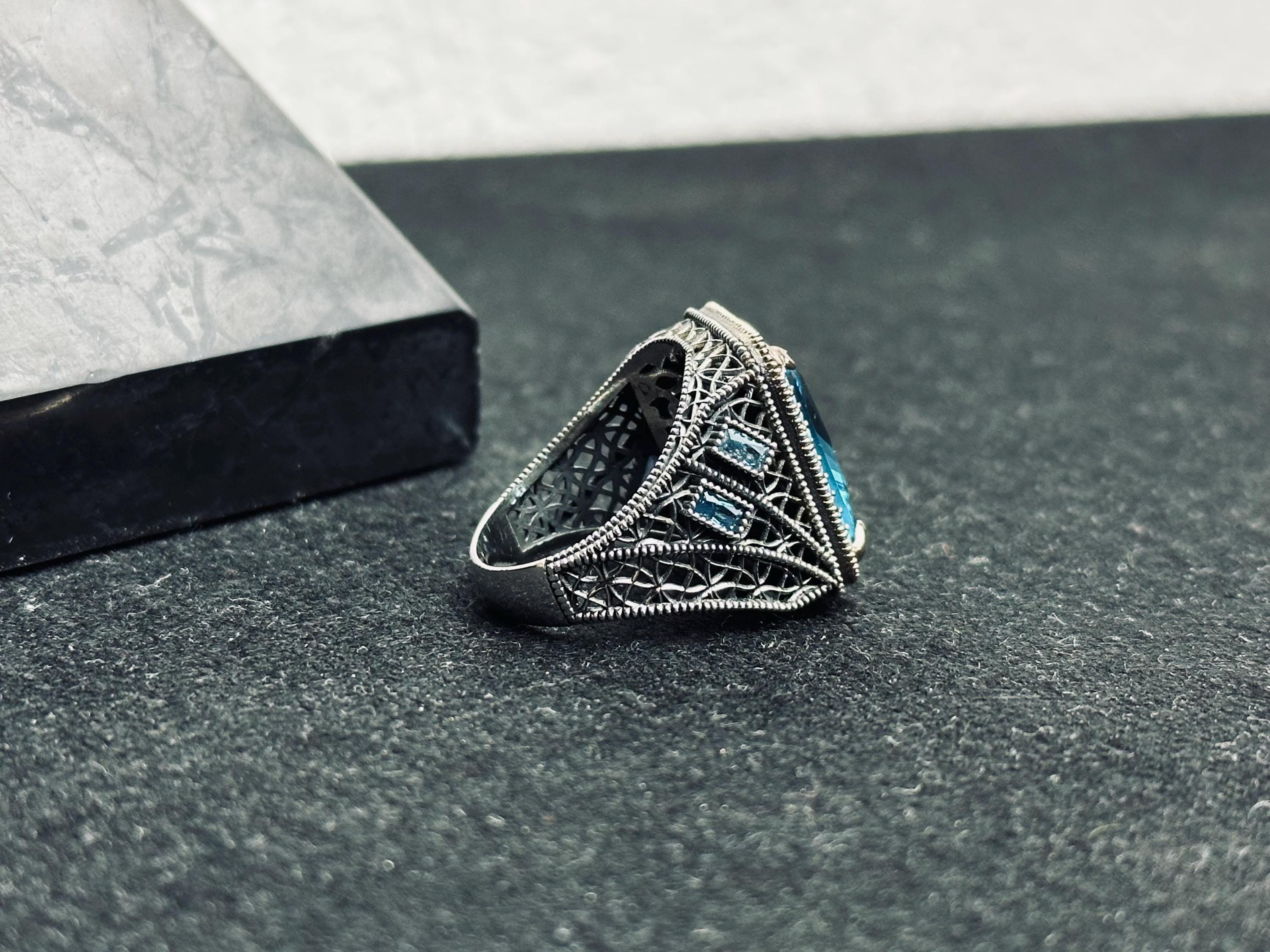 Men's Sterling Silver Aquamarine Ring, Dainty Blue Gemstone (March Birthstone)