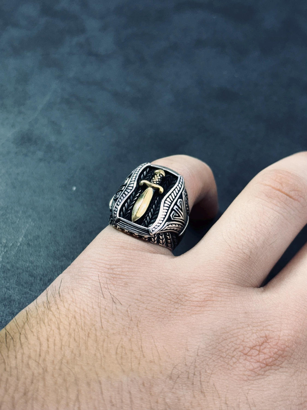 Sword Signet Ring: Handmade Silver with Gold Detail (Adjustable)