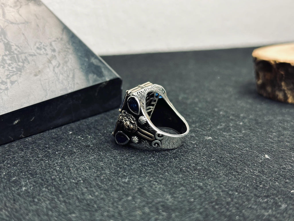 Men’s Statement Ring: Blue Zircon Stones - Handmade Sterling Silver