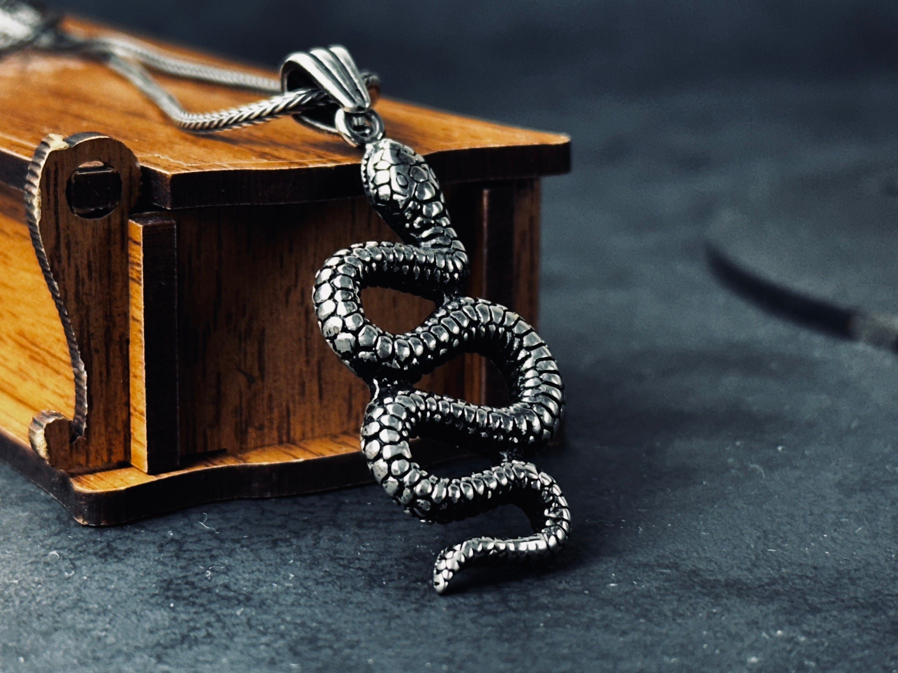 Snake Pendant Necklace: Sterling Silver Handmade - Adjustable Chain