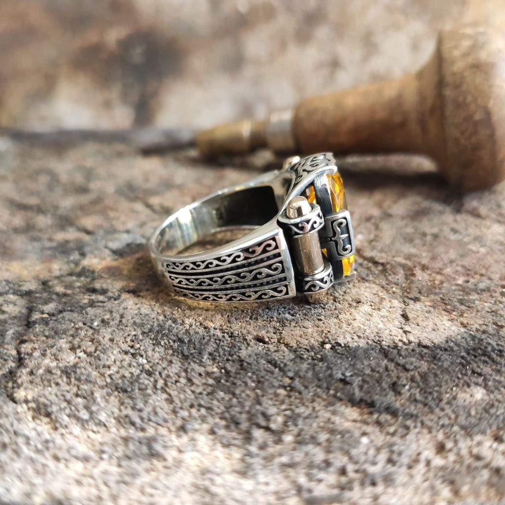 Citrine Zircon Sterling Silver Ring: Handmade Turkish Men's Jewelry