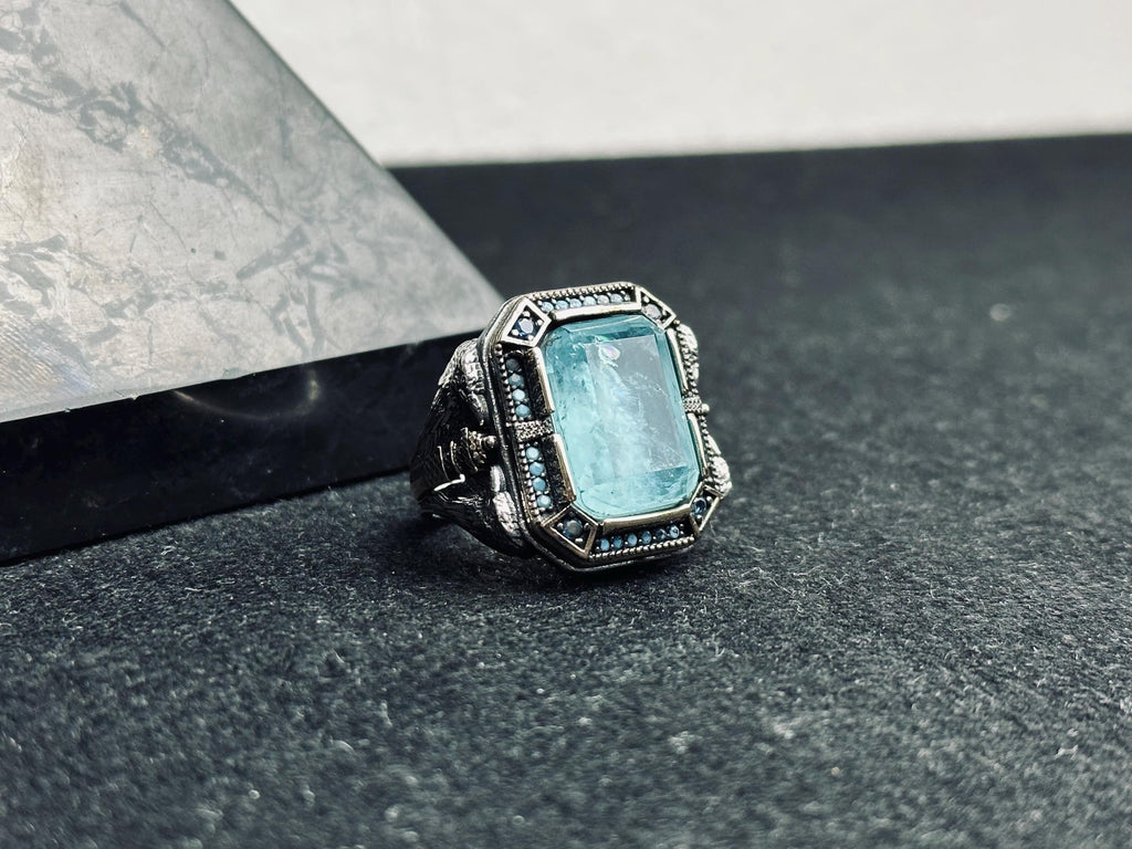 Aquamarine Men's Ring: Twin Eagle Heads, Sterling Silver
