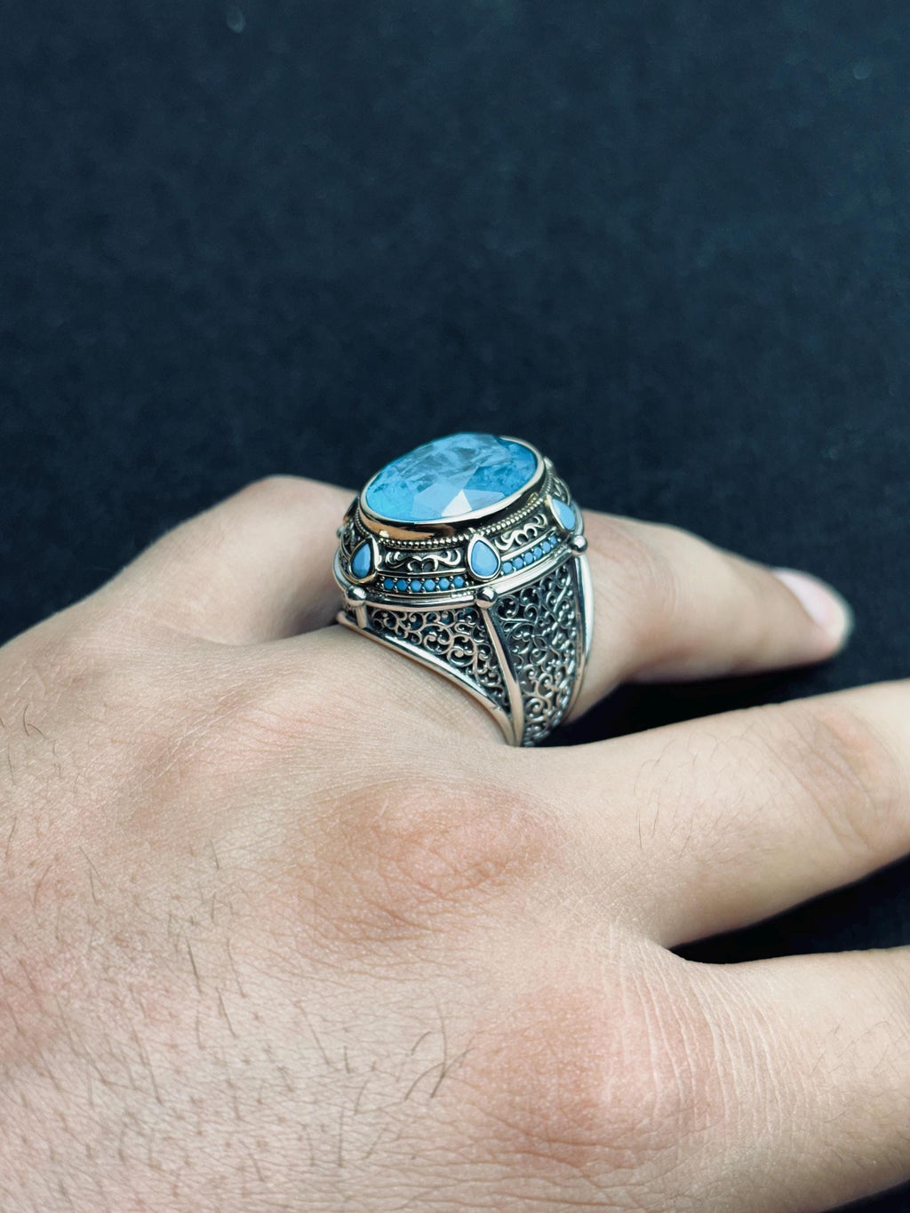 Aquamarine Statement Ring: Handmade Turkish Silver (Men's Size)
