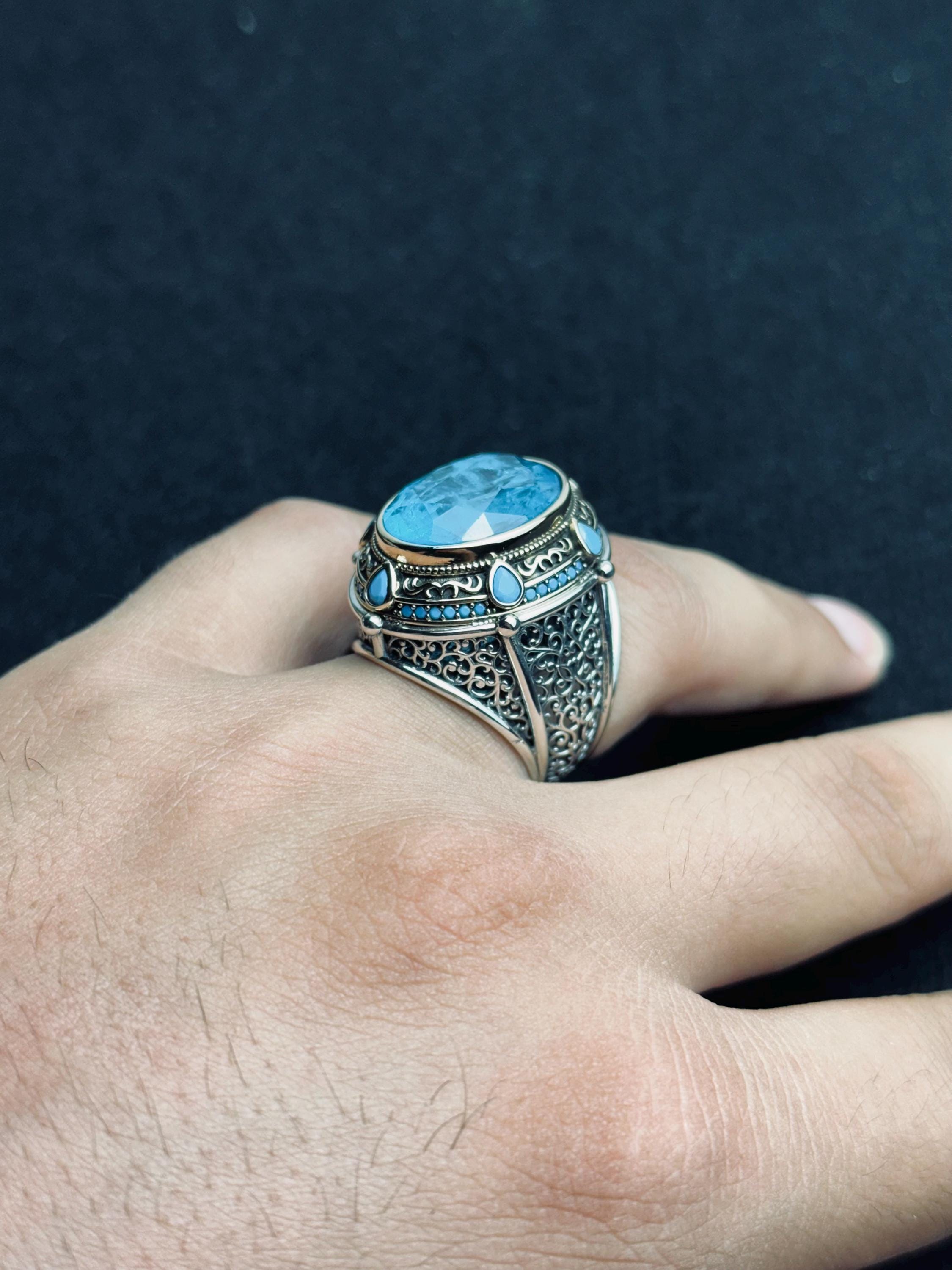 Aquamarine Statement Ring: Handmade Turkish Silver (Men's Size)