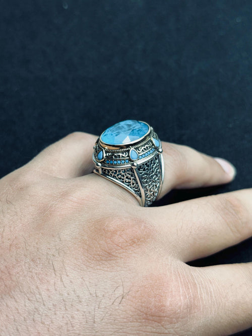 Aquamarine Statement Ring: Handmade Turkish Silver (Men's Size)